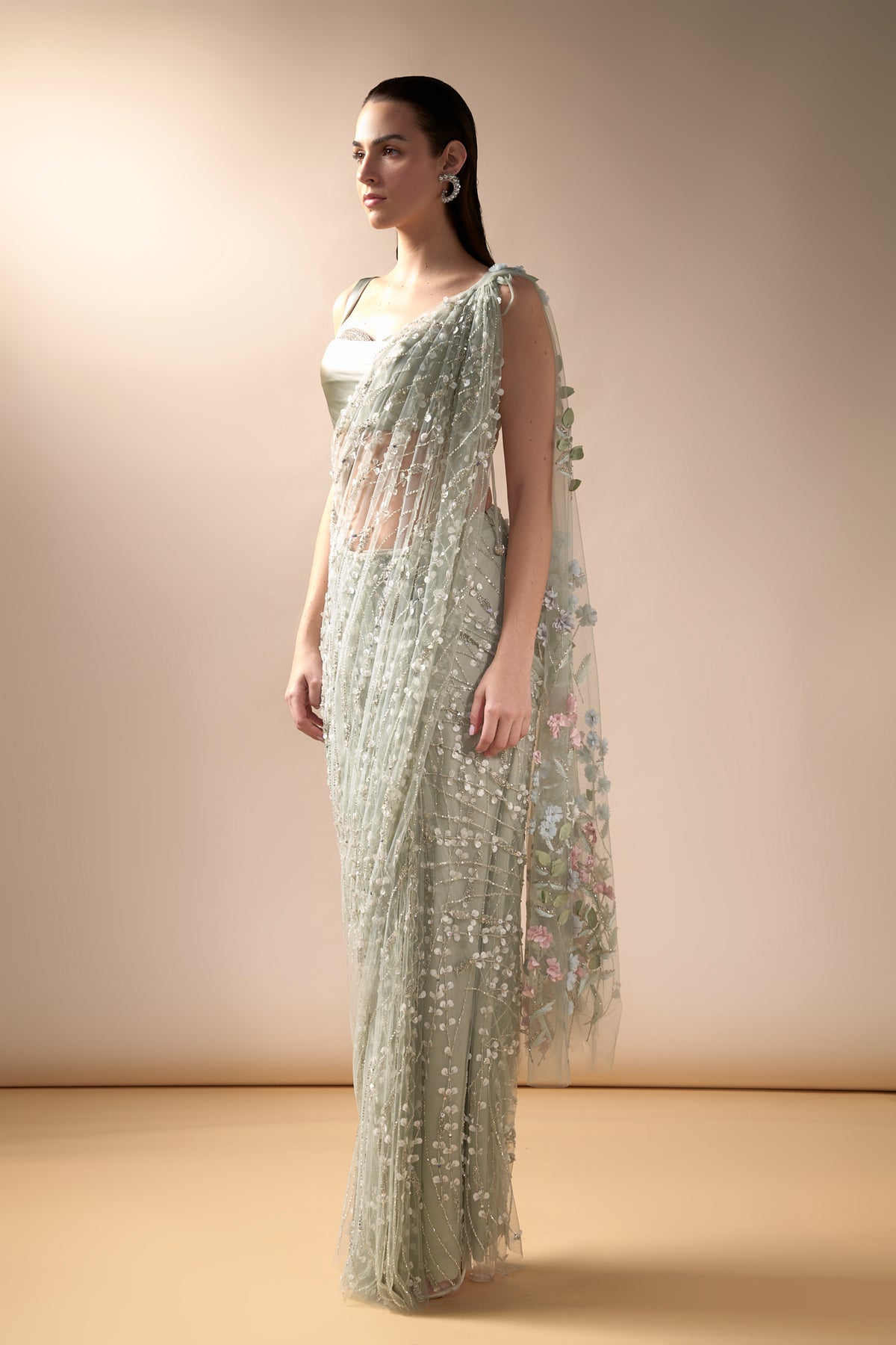 Sea Spray Saree Set in Mint