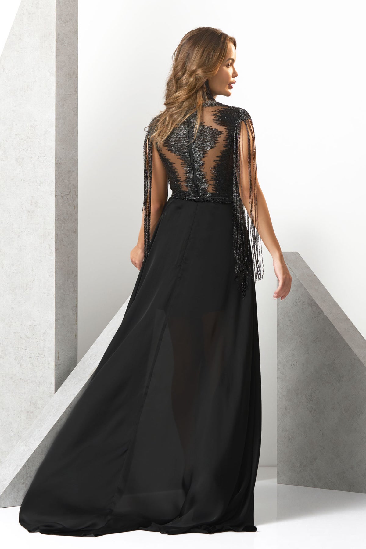 Chloe High Neck Fringes Evening Gown