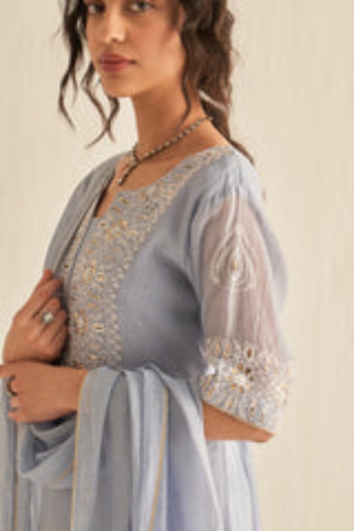 Ash Blue Mul Chanderi Mukaish Kurta Set