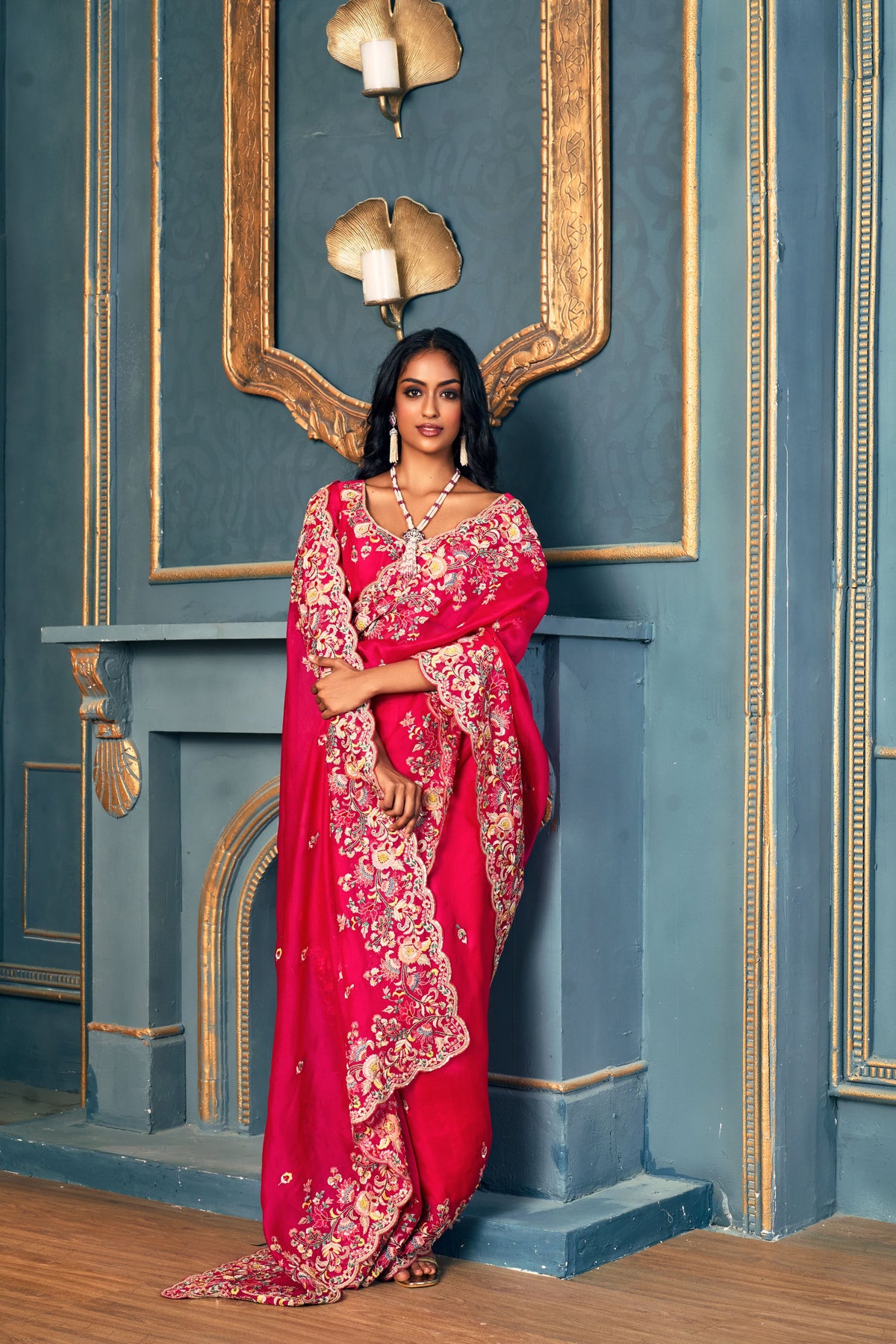 Fuchsia Pink Organza Saree Set