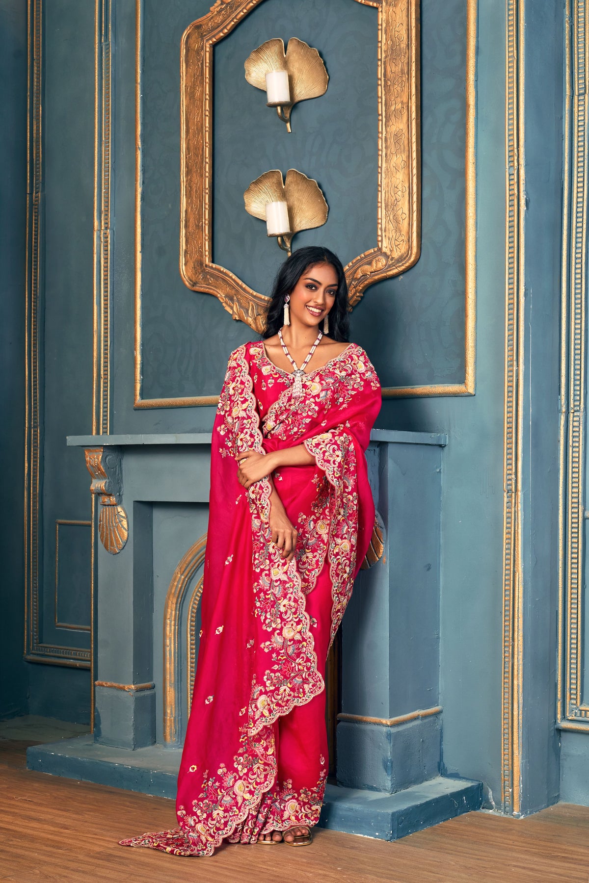 Fuchsia Pink Organza Saree Set