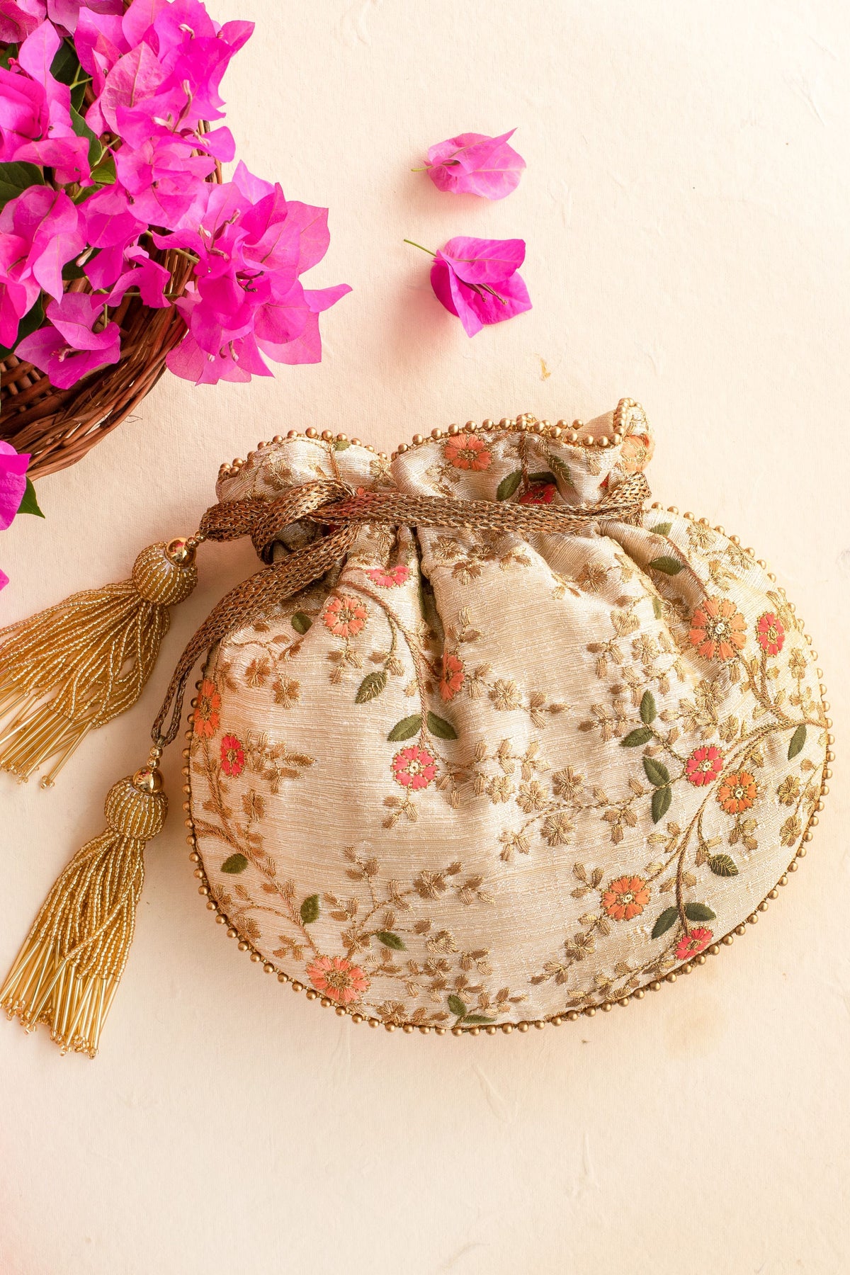 Floral Creeper Ivory Potli Bag