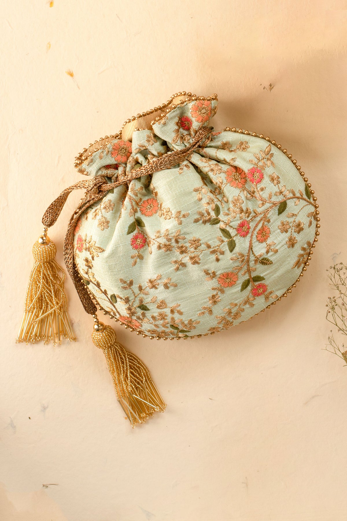 Floral Creeper Mint Potli Bag