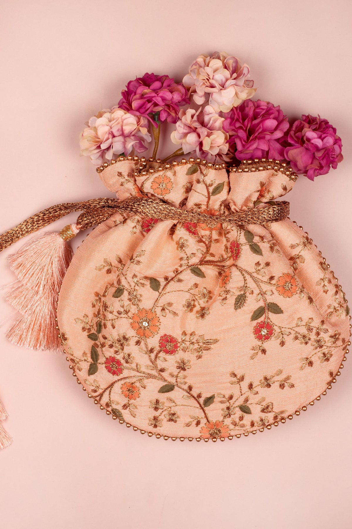 Floral Creeper Peach Potli Bag