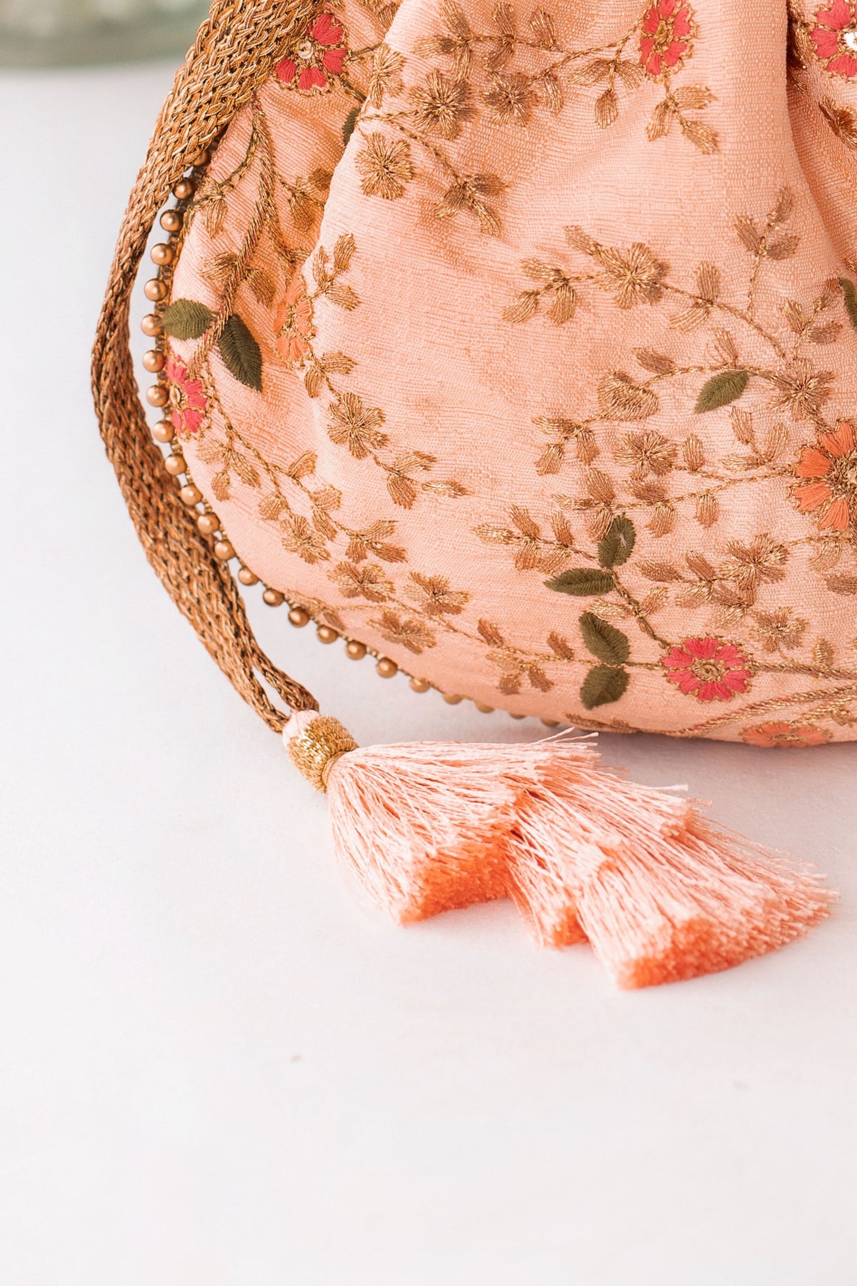 Floral Creeper Peach Potli Bag