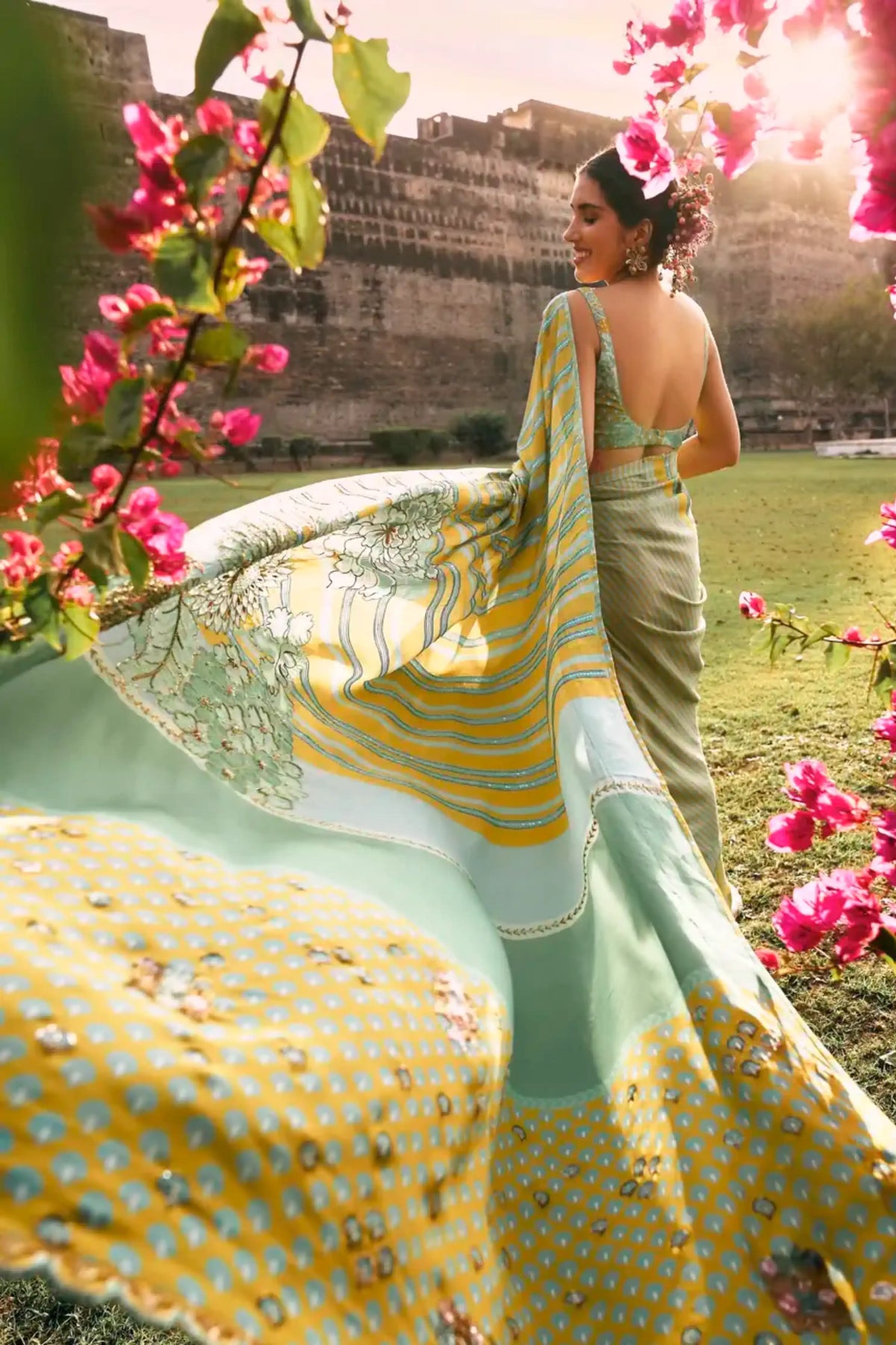 Gul Sage Green Printed Stripe Crepe Sari