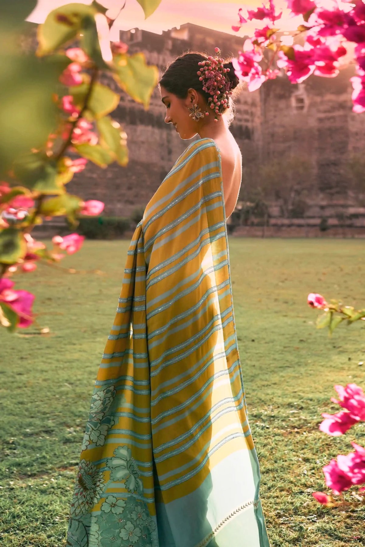 Gul Sage Green Printed Stripe Crepe Sari