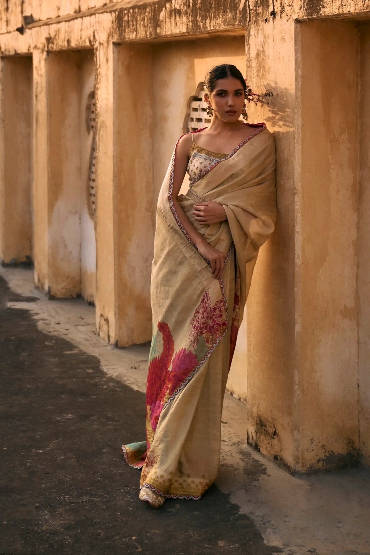 Gul Ivory Floral Tissue Sari