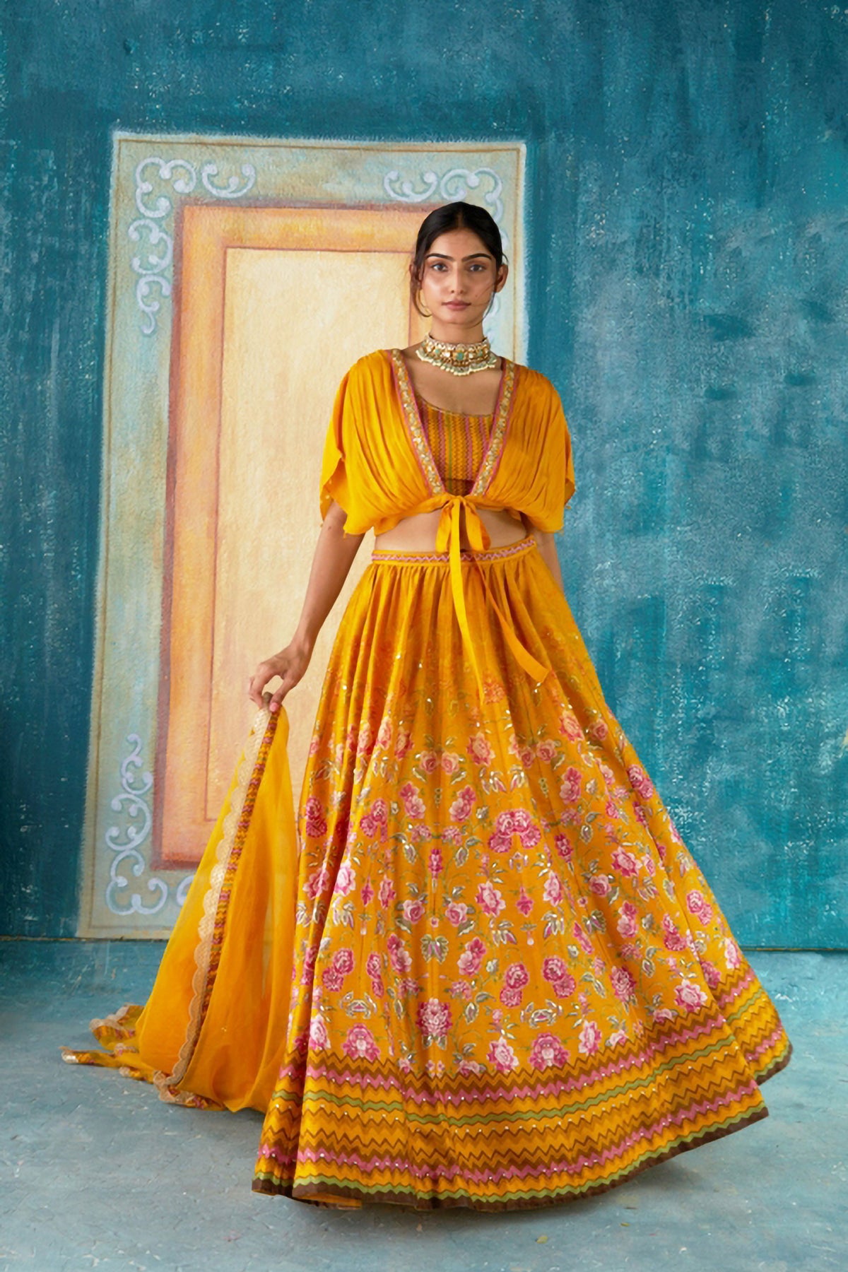 Printed lehenga set in Mustard