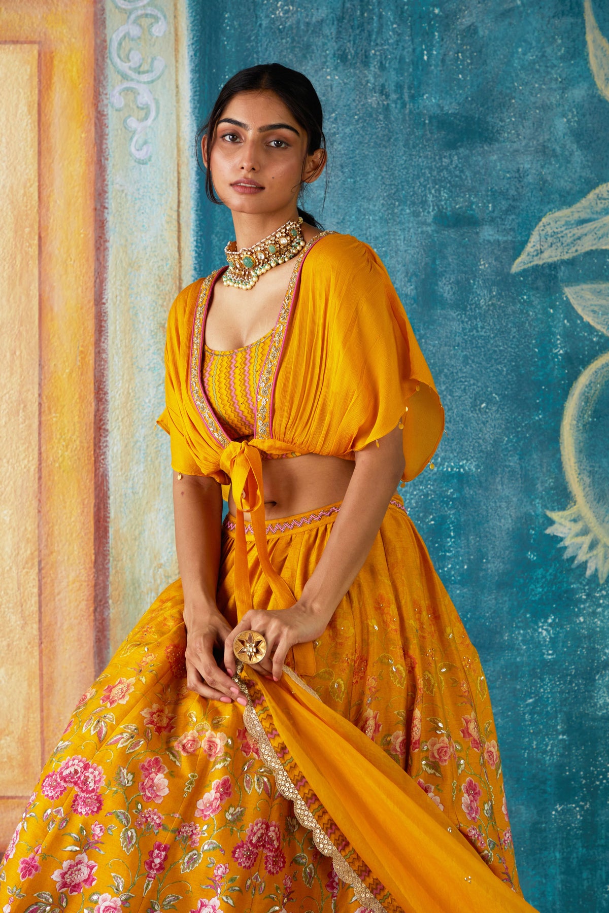 Printed lehenga set in Mustard