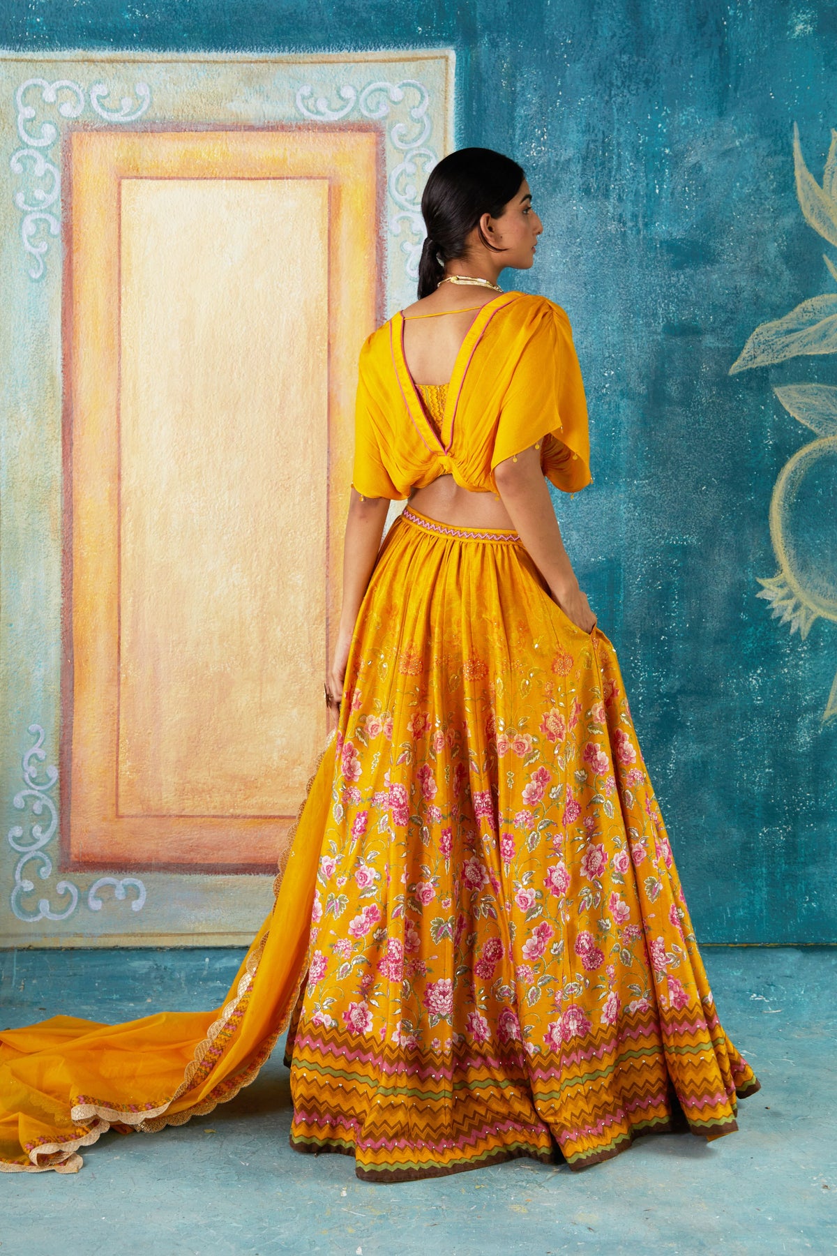 Printed lehenga set in Mustard