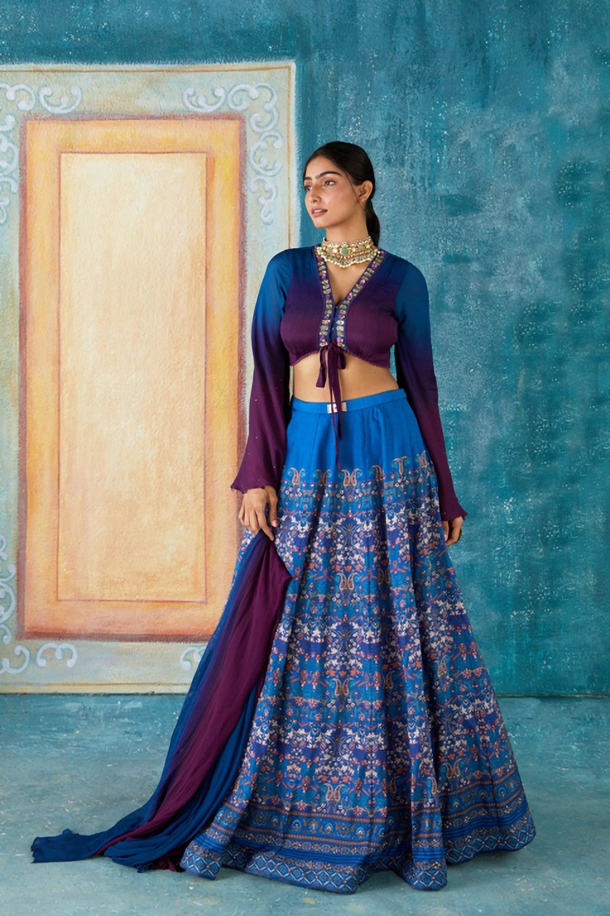 Blue printed lehenga set