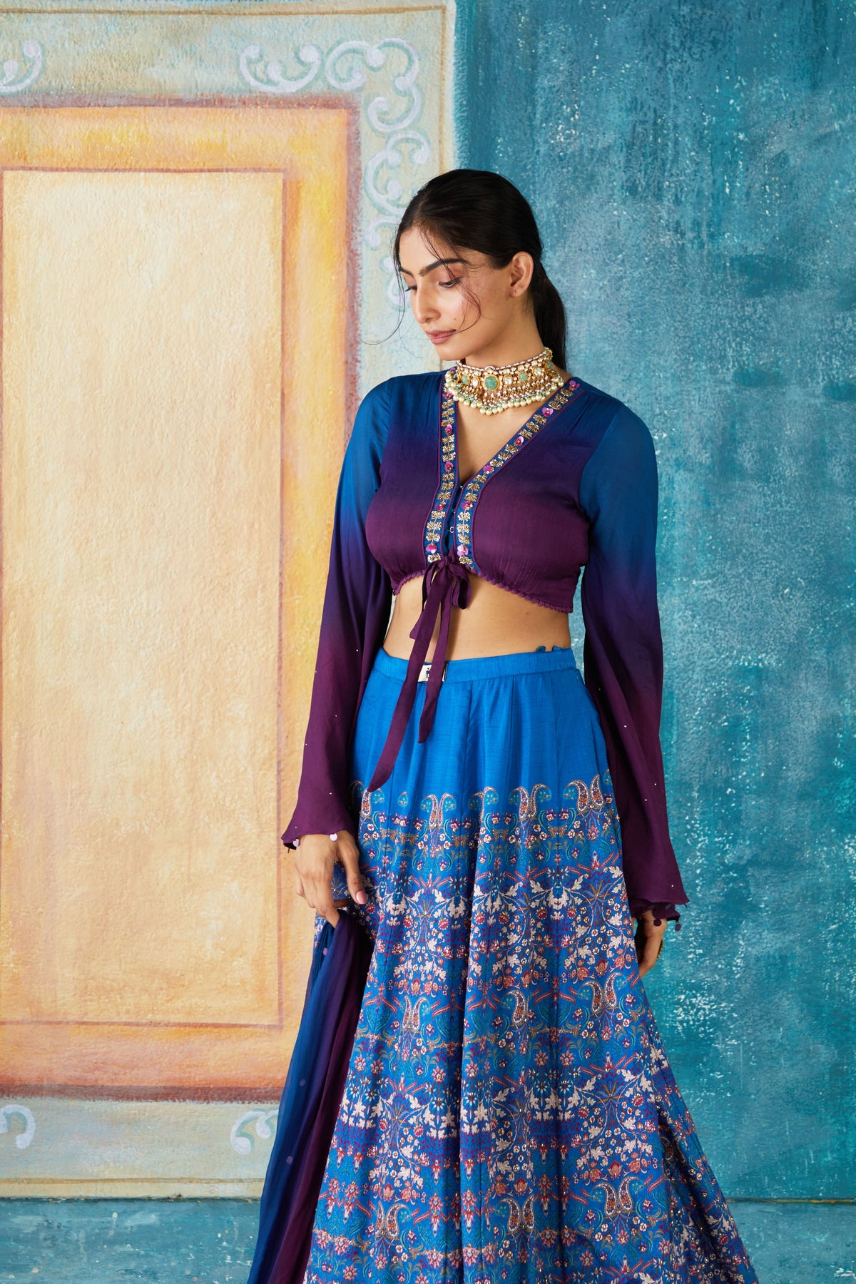 Blue printed lehenga set