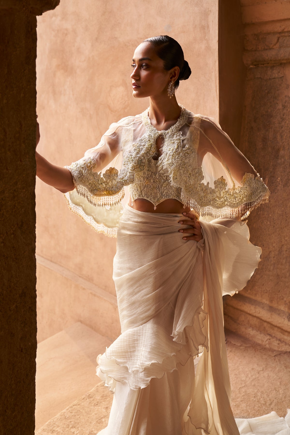 Ivory Whisper Saree With Cape Set