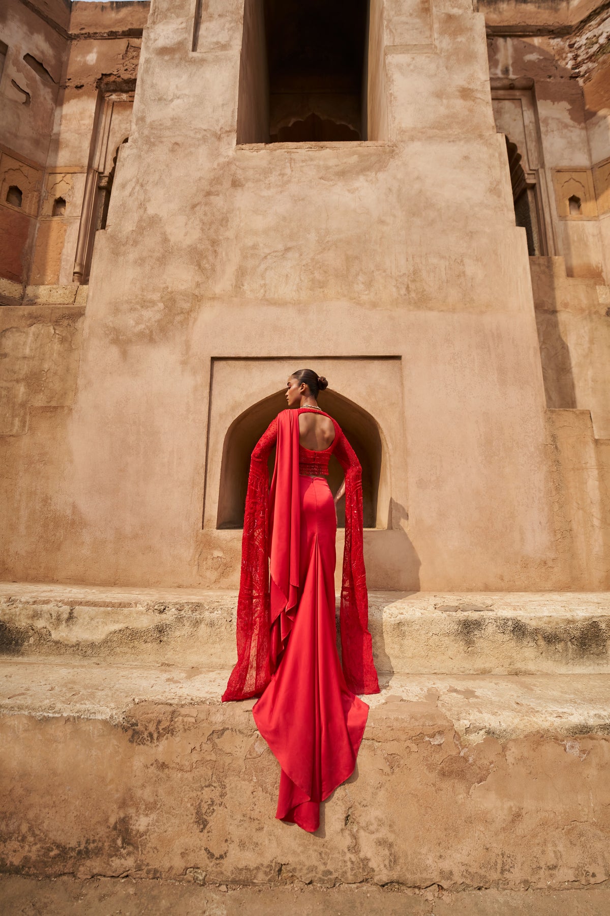 Red Moonlit Mirage Draped Saree Set