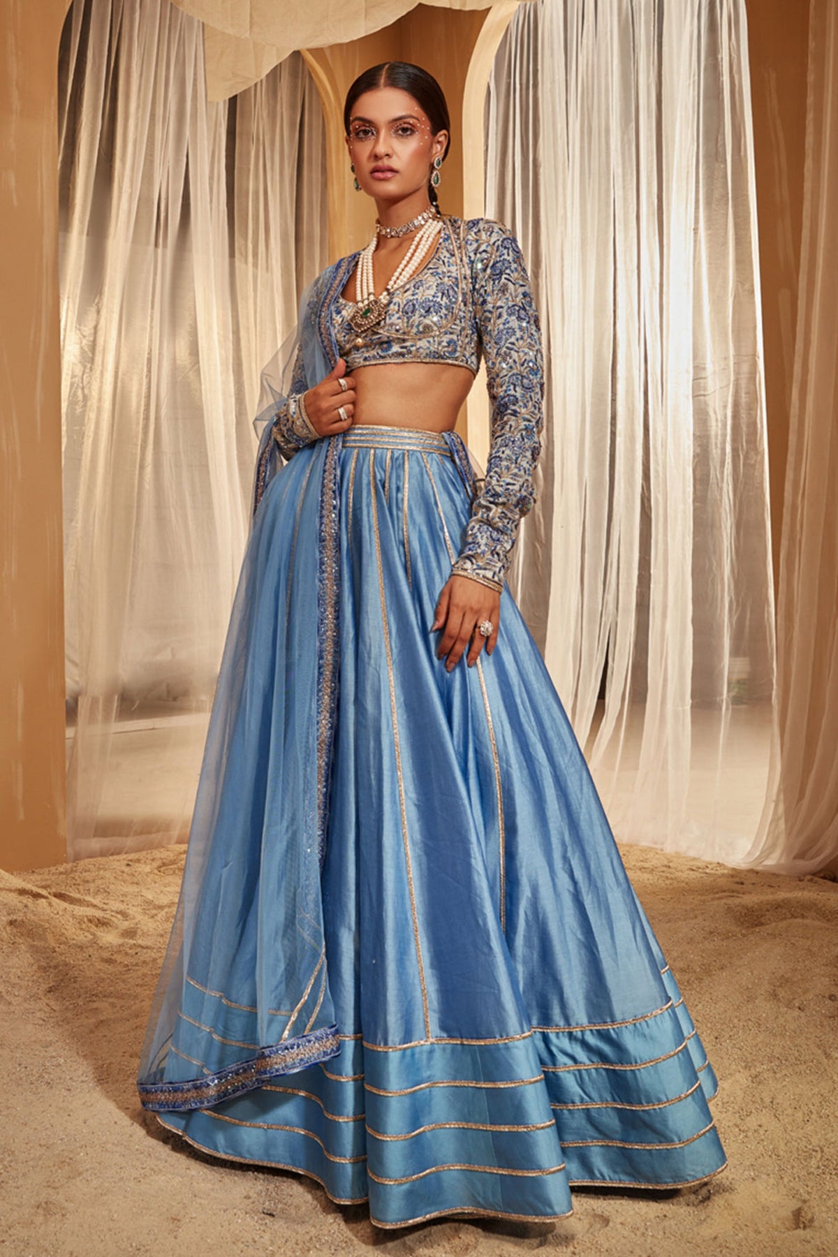 Blue Chanderi Lehenga Set