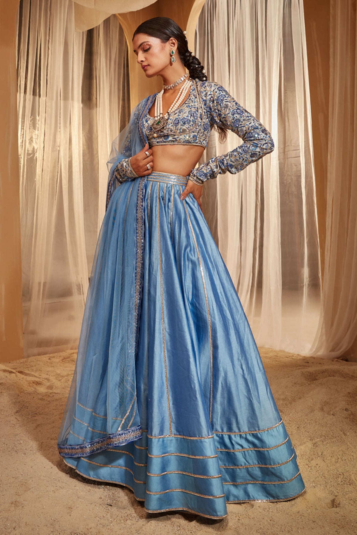 Blue Chanderi Lehenga Set