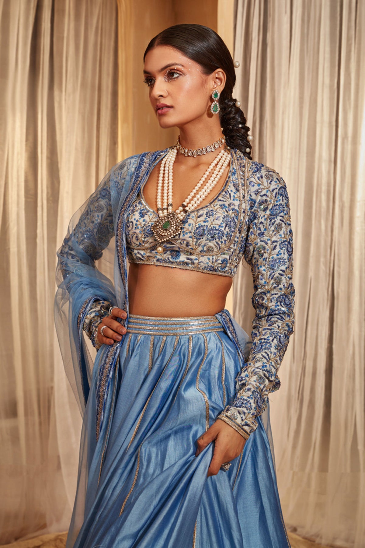 Blue Chanderi Lehenga Set