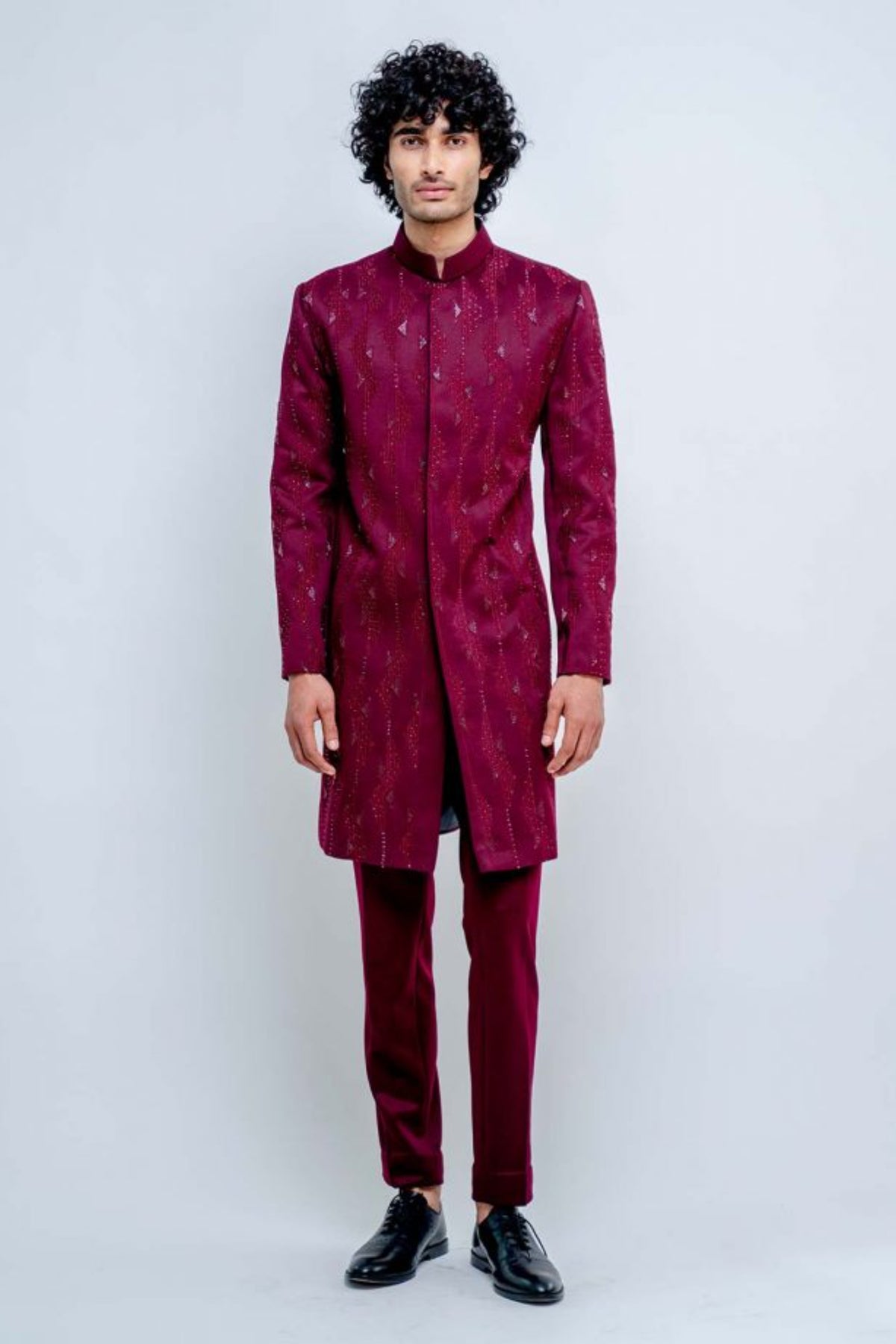 Plum geometric sherwani set