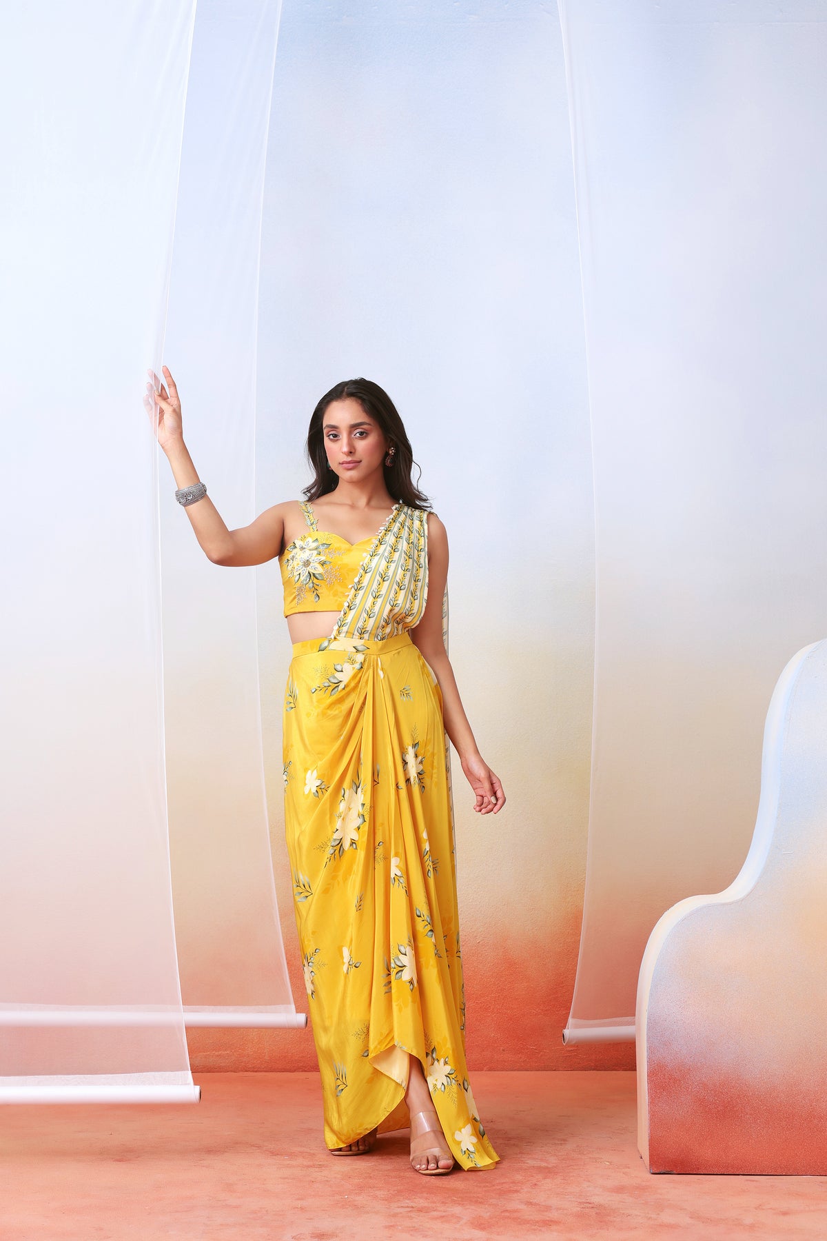 Yellow Printed Pre Stitched Saree Set