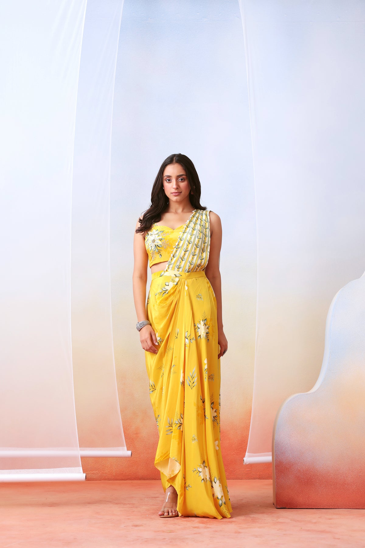 Yellow Printed Pre Stitched Saree Set