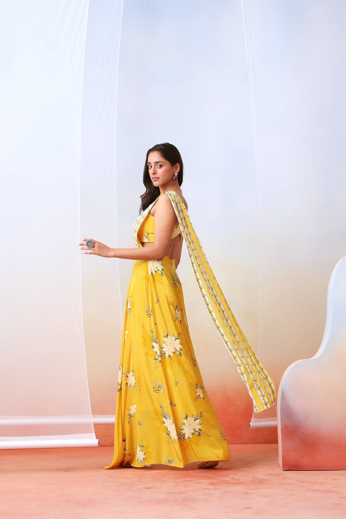 Yellow Printed Pre Stitched Saree Set