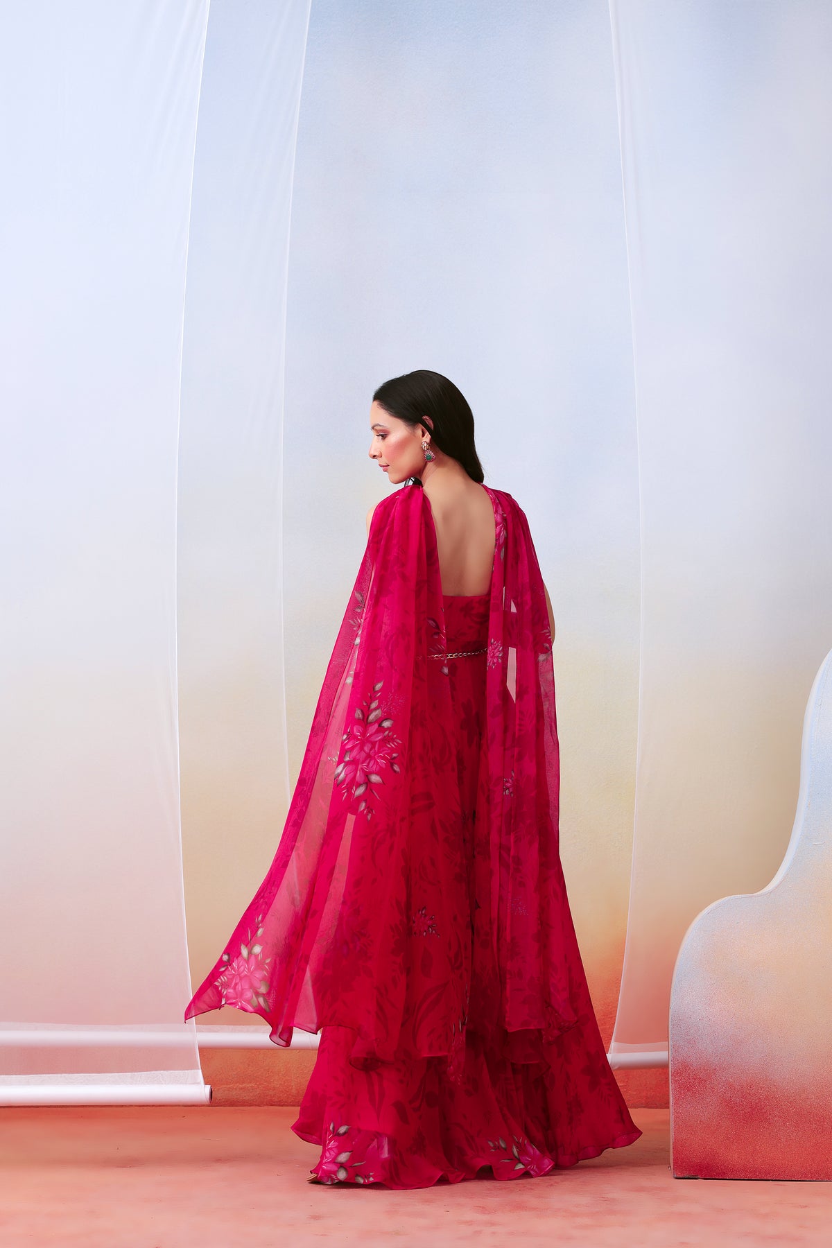 Pink Printed Drape Anarkali Set