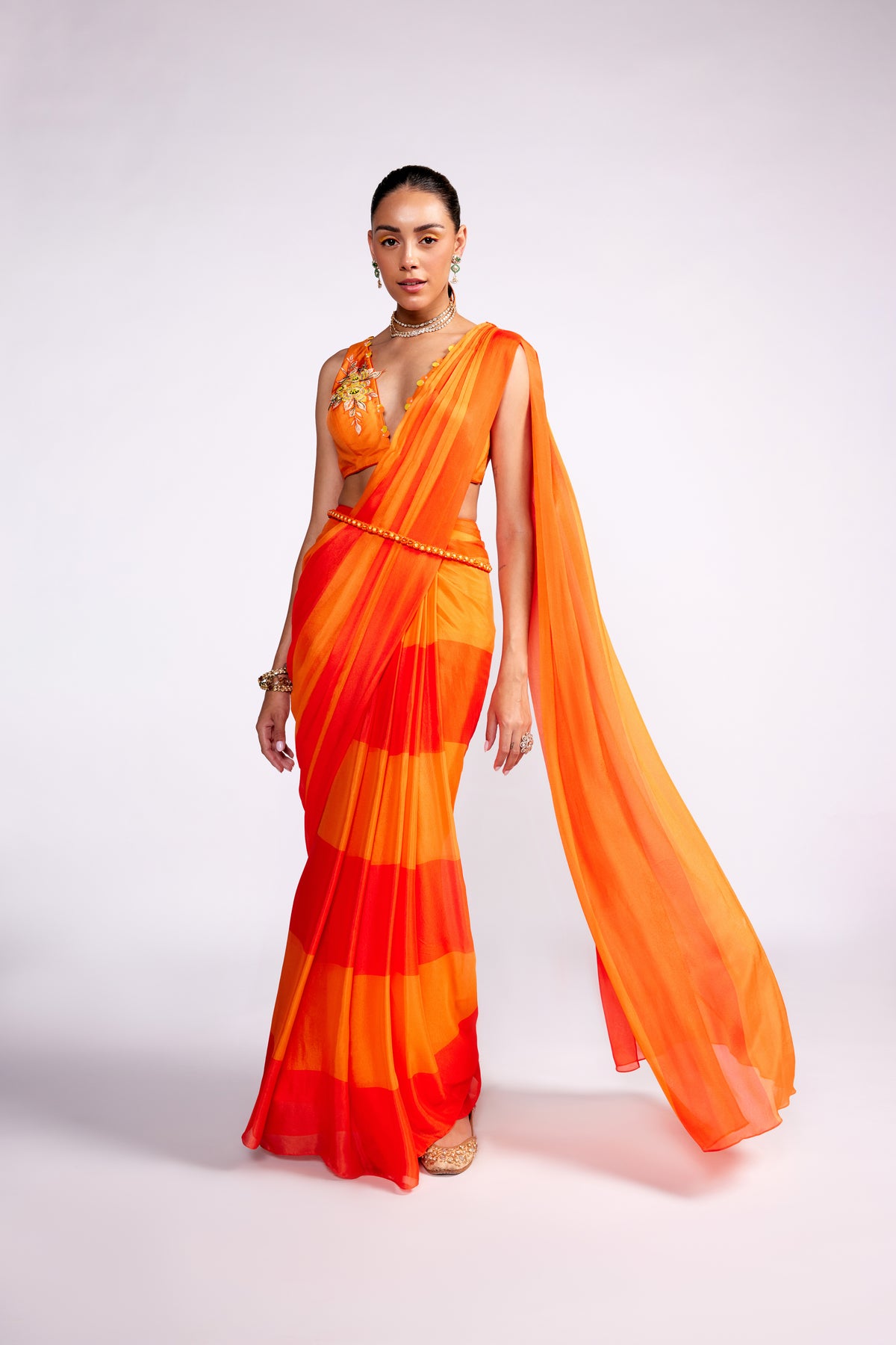 Color Block Pre Drape Saree Set