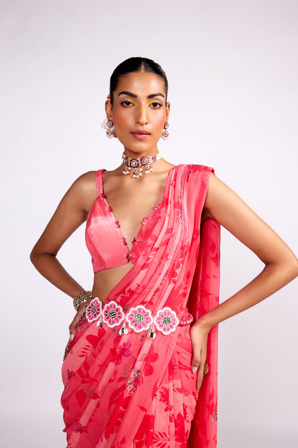 Watermelon Pink Pre Drape Saree Set