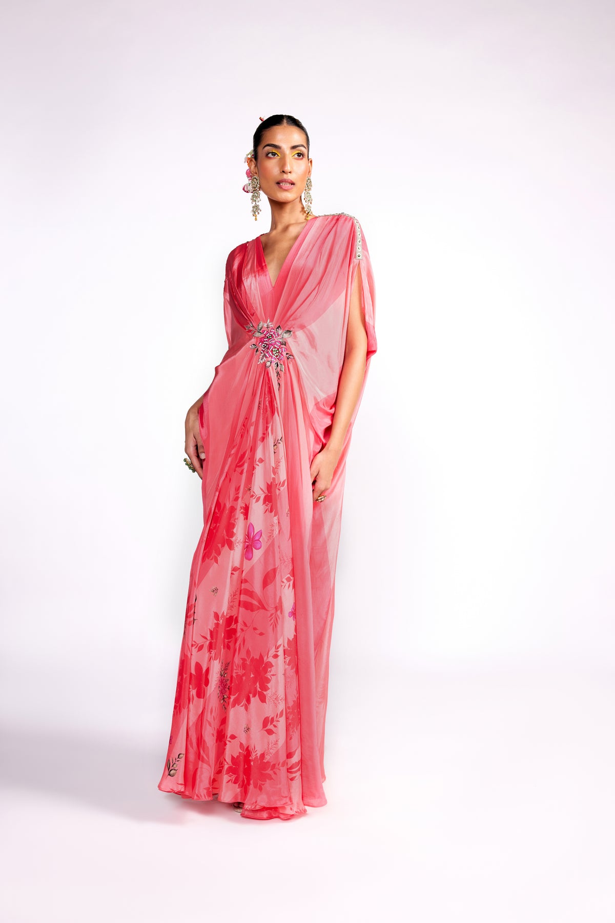 Flamingo Pink Color Block Drape Kaftan