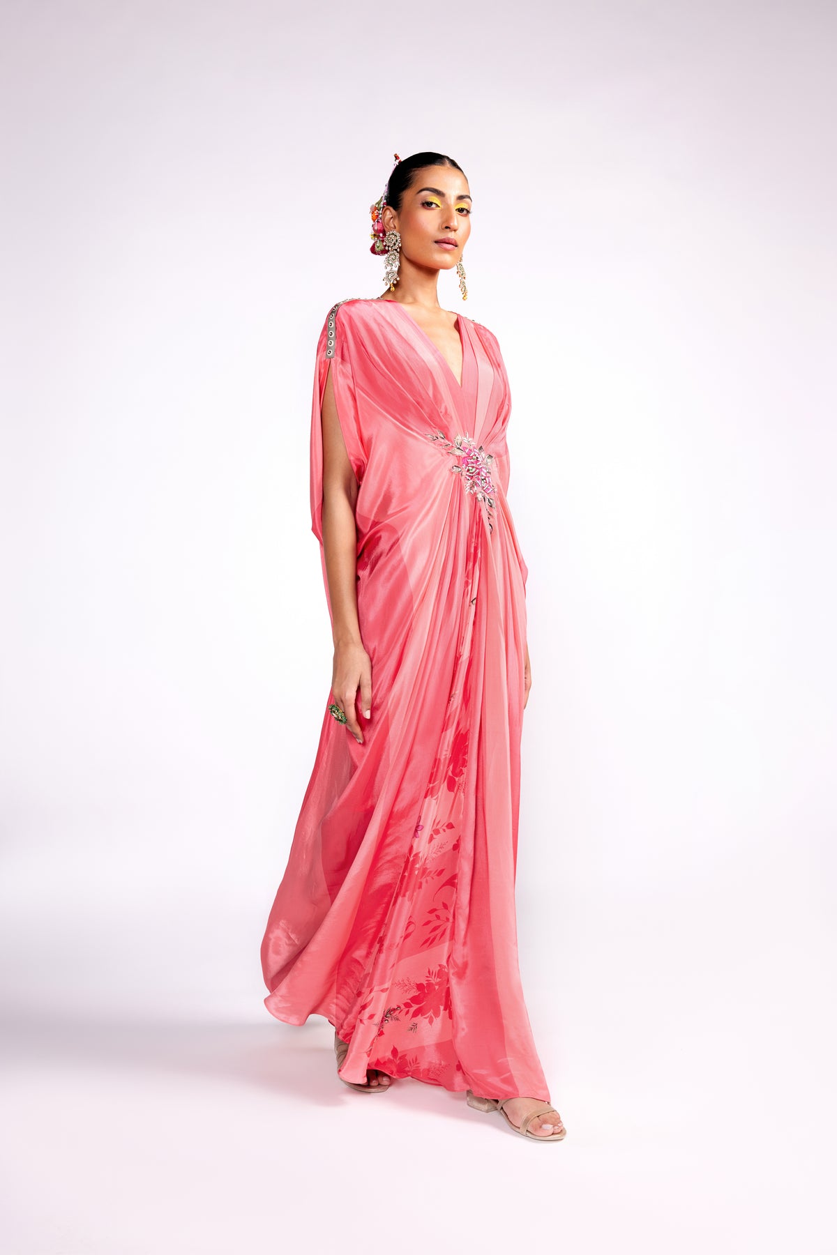 Flamingo Pink Color Block Drape Kaftan