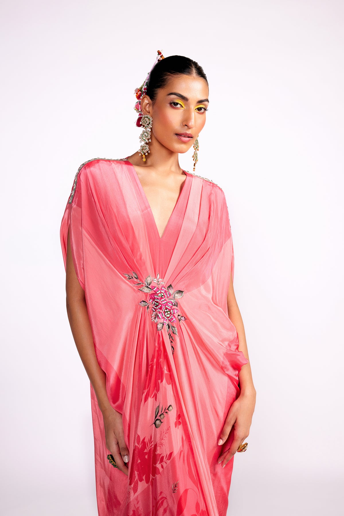 Flamingo Pink Color Block Drape Kaftan