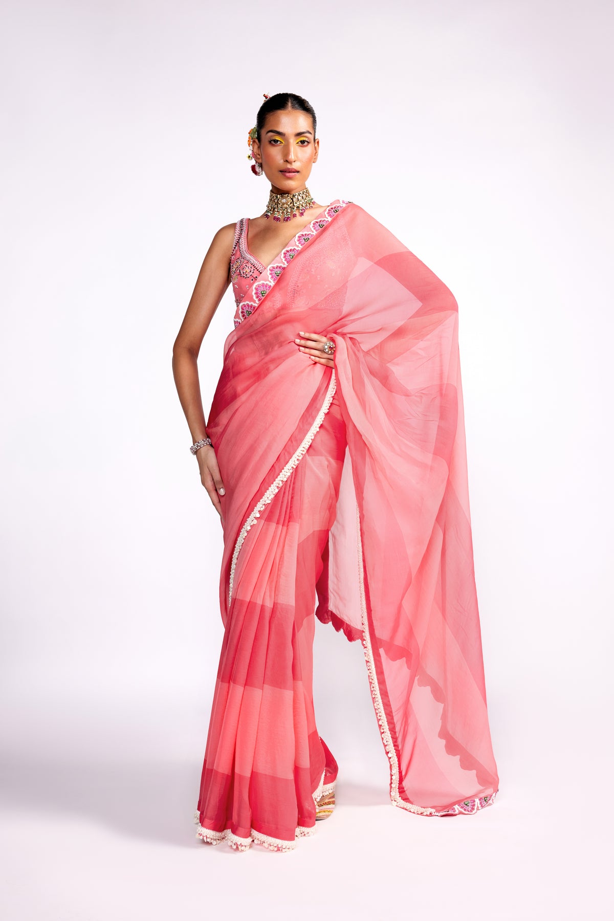 Pink Color Block Color Block Saree