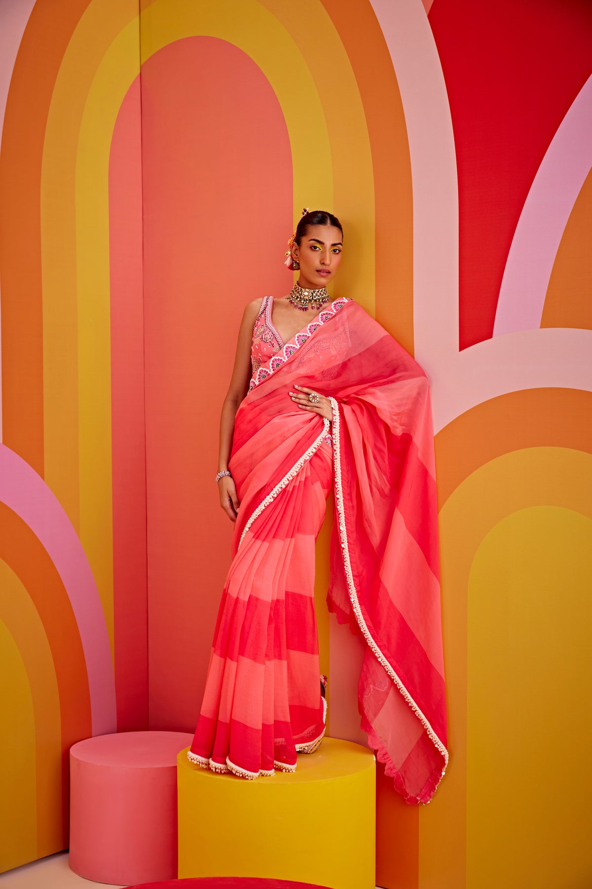 Pink Color Block Color Block Saree