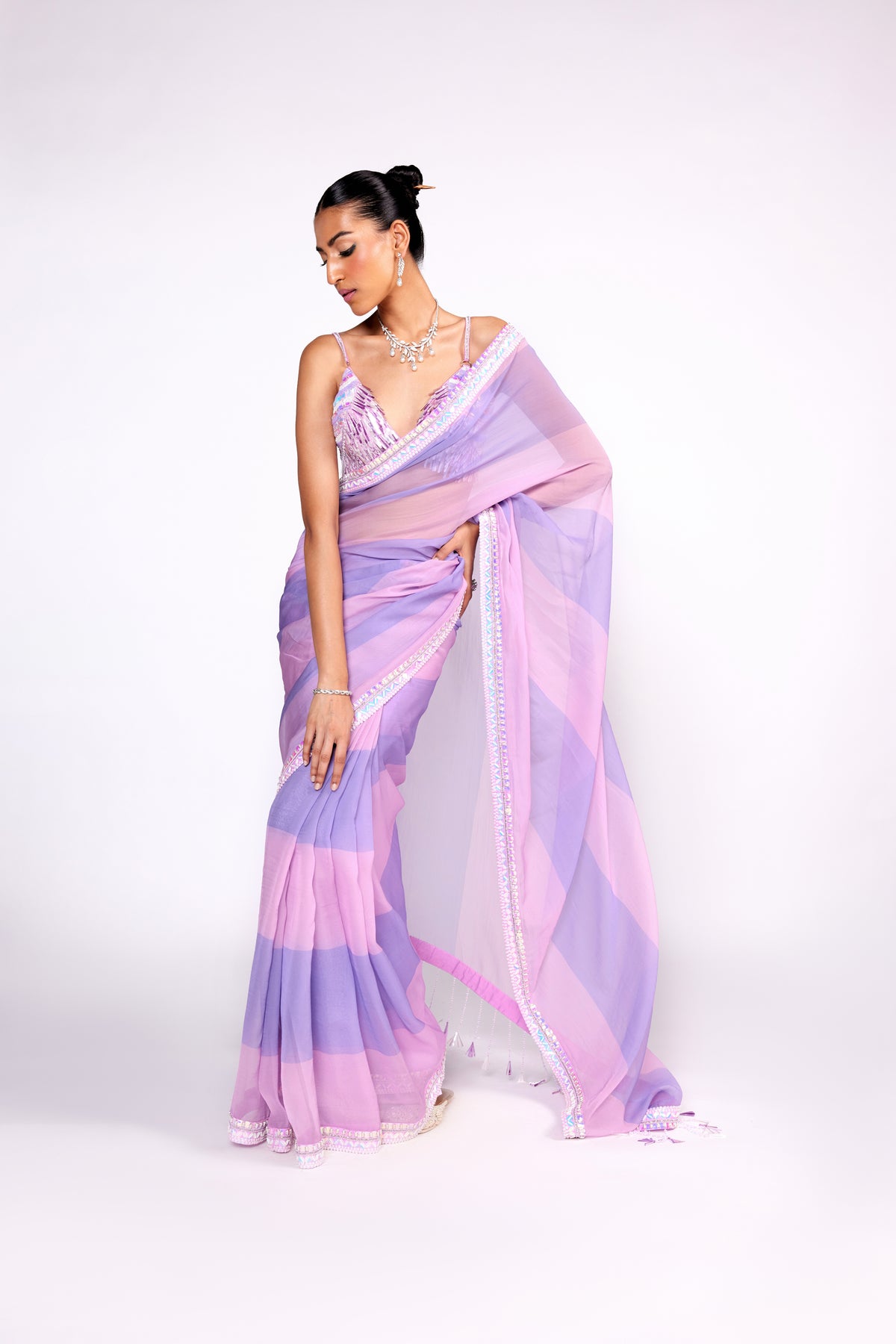 Lilac Embroidered Organza Saree Set