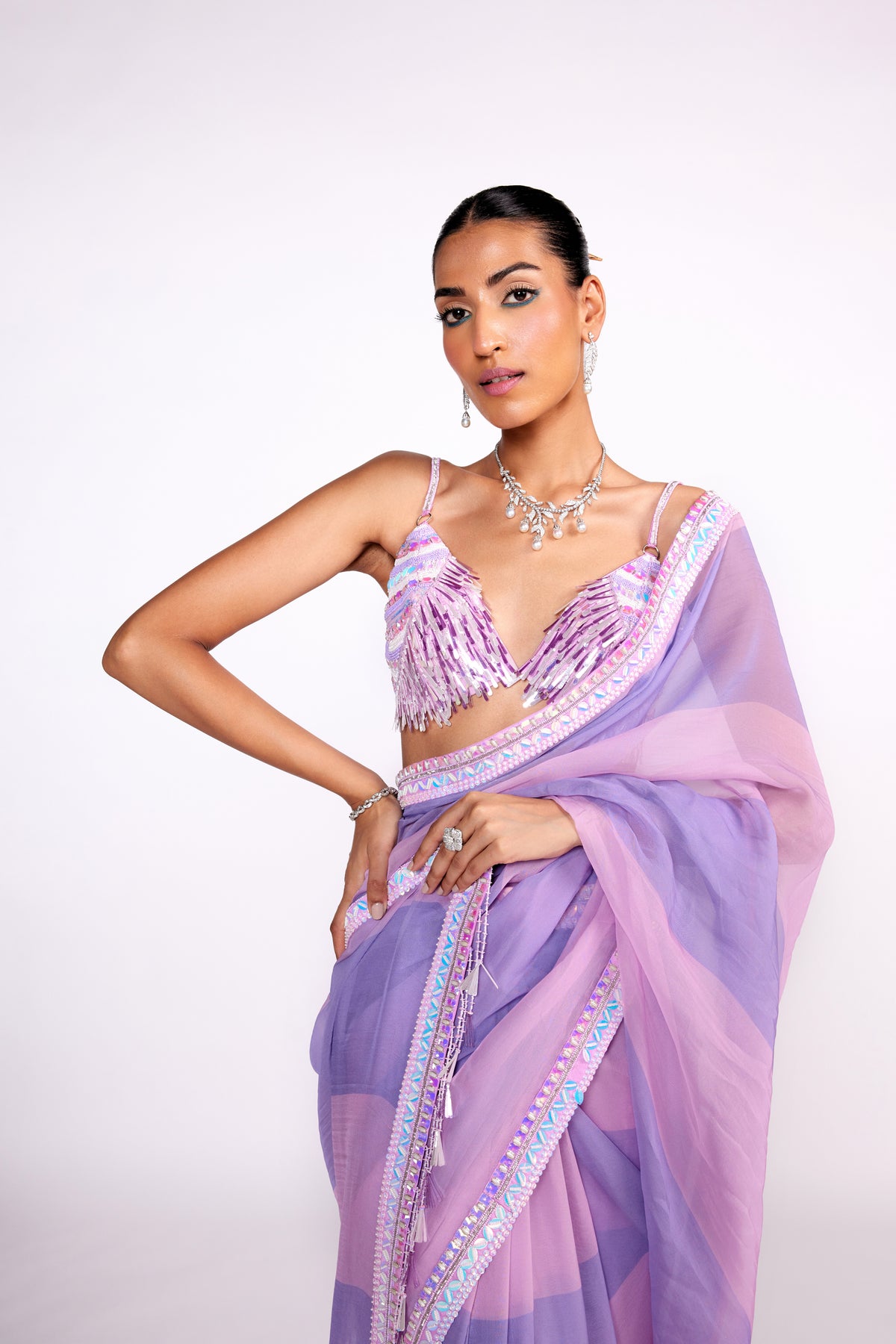 Lilac Embroidered Organza Saree Set