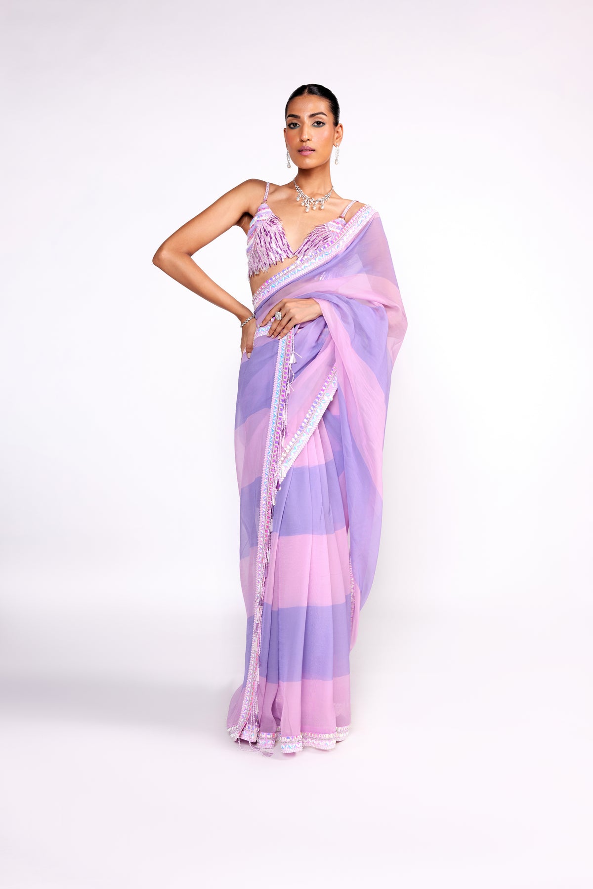 Lilac Embroidered Organza Saree Set