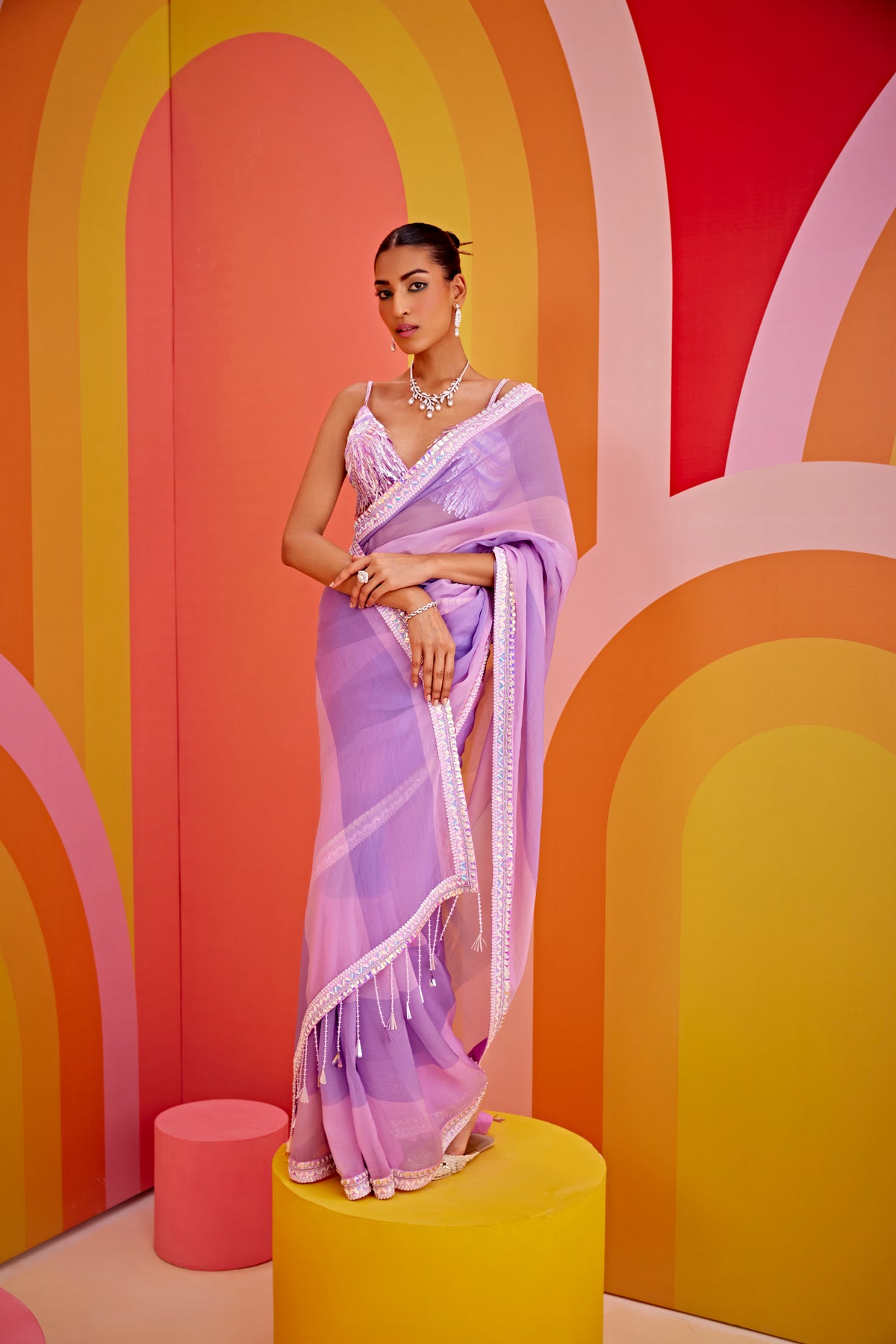 Lilac Embroidered Organza Saree Set