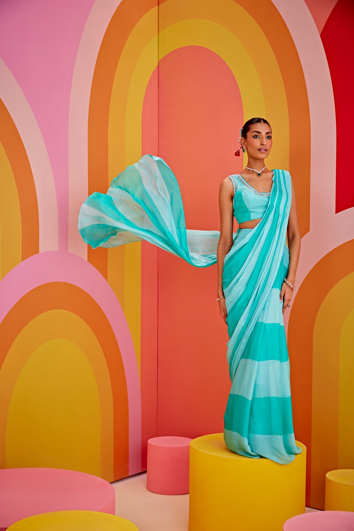 Aqua Green Color Block Drape Saree