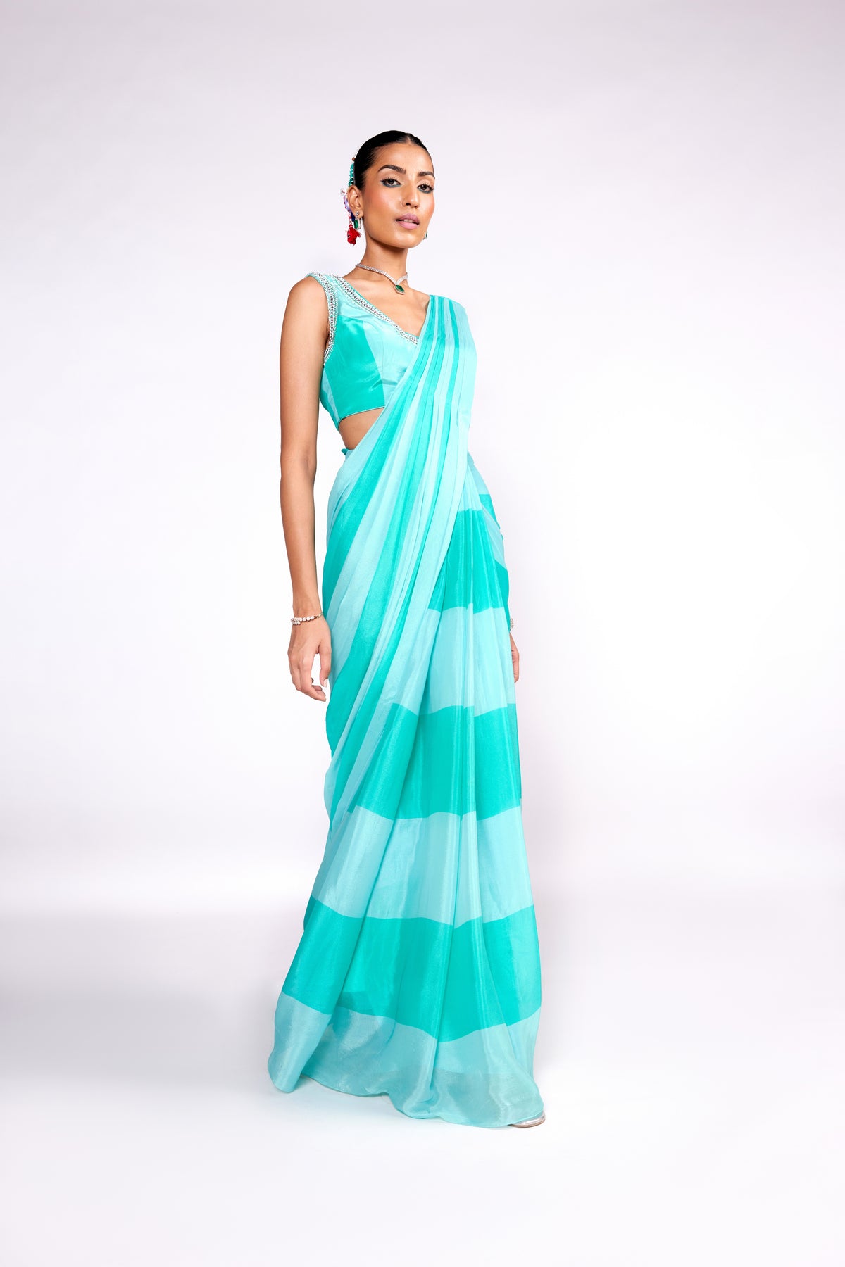 Aqua Green Color Block Drape Saree