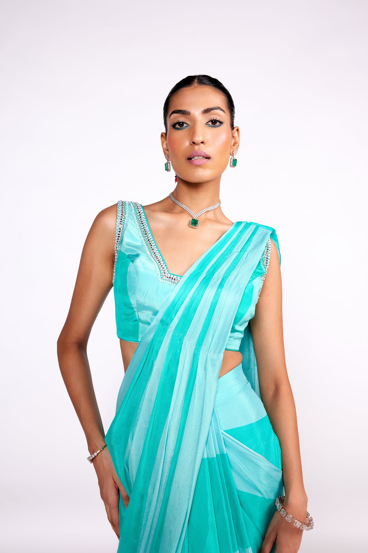 Aqua Green Color Block Drape Saree