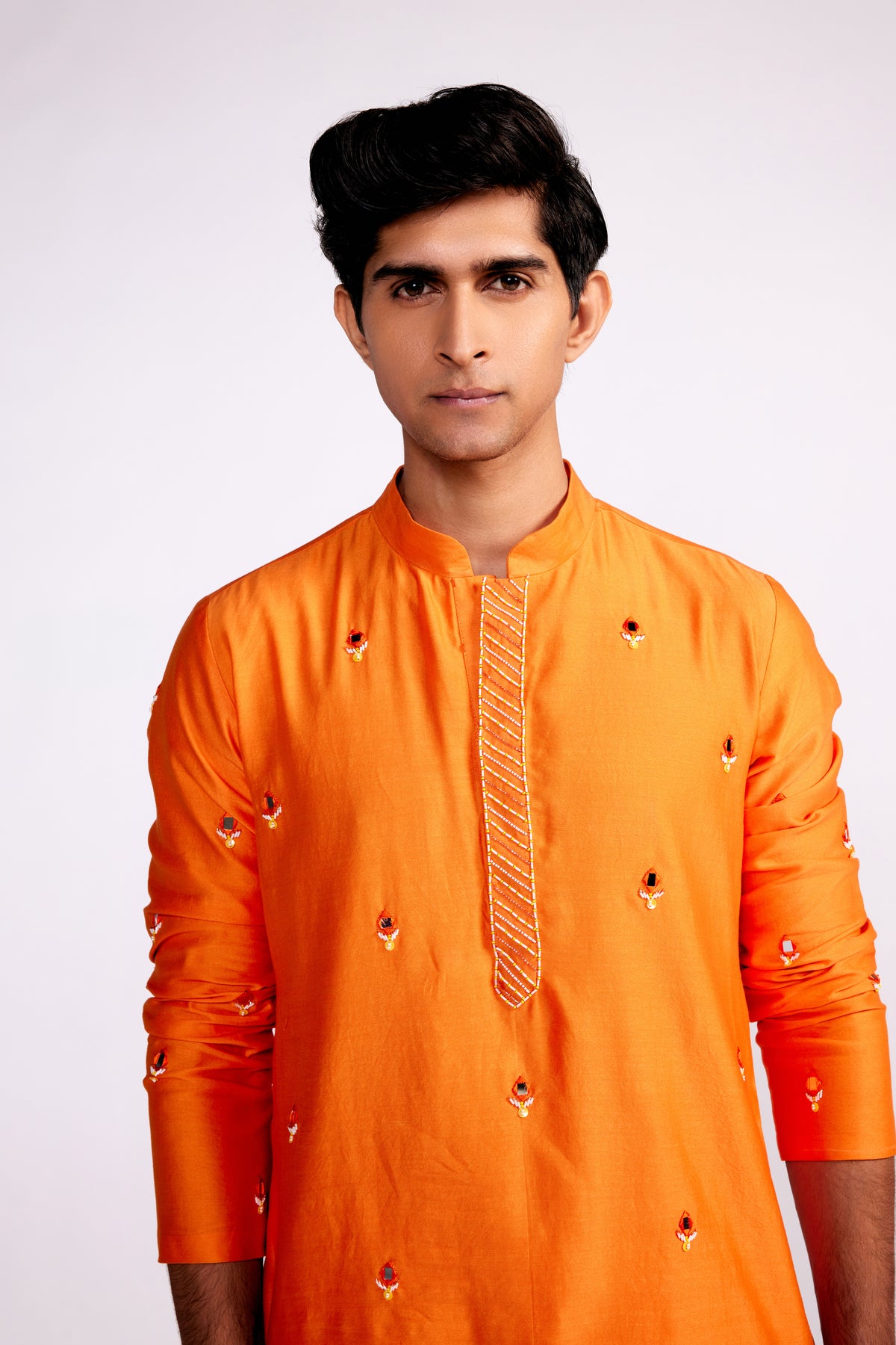 Orange Embroidered Silk Kurta Set