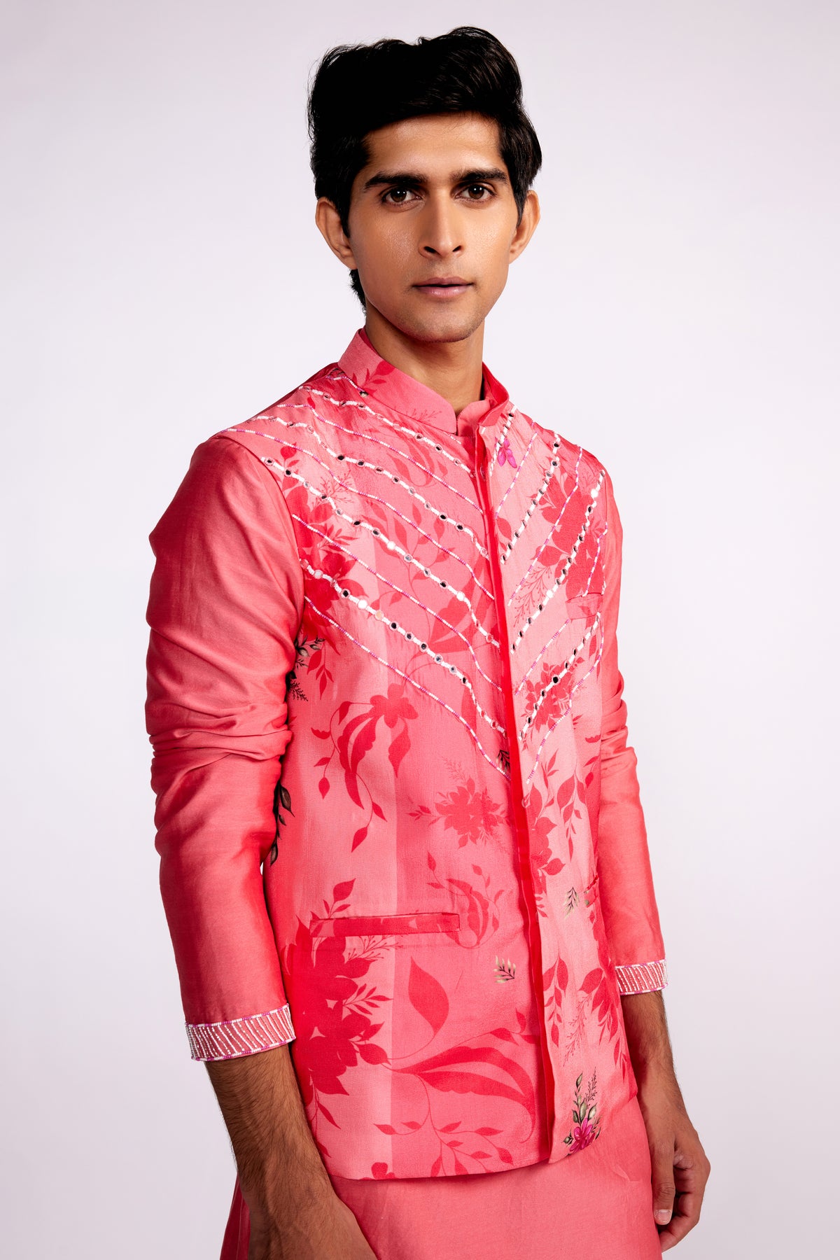 Pink Printed Embroidered  Nehru Jacket Set