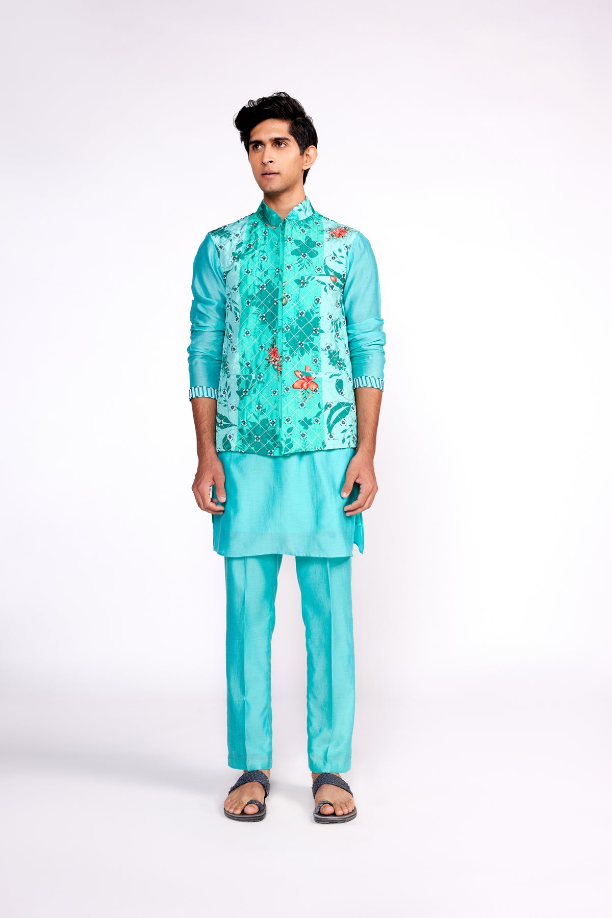 Aqua Green Embroidered Nehru Jacket Set