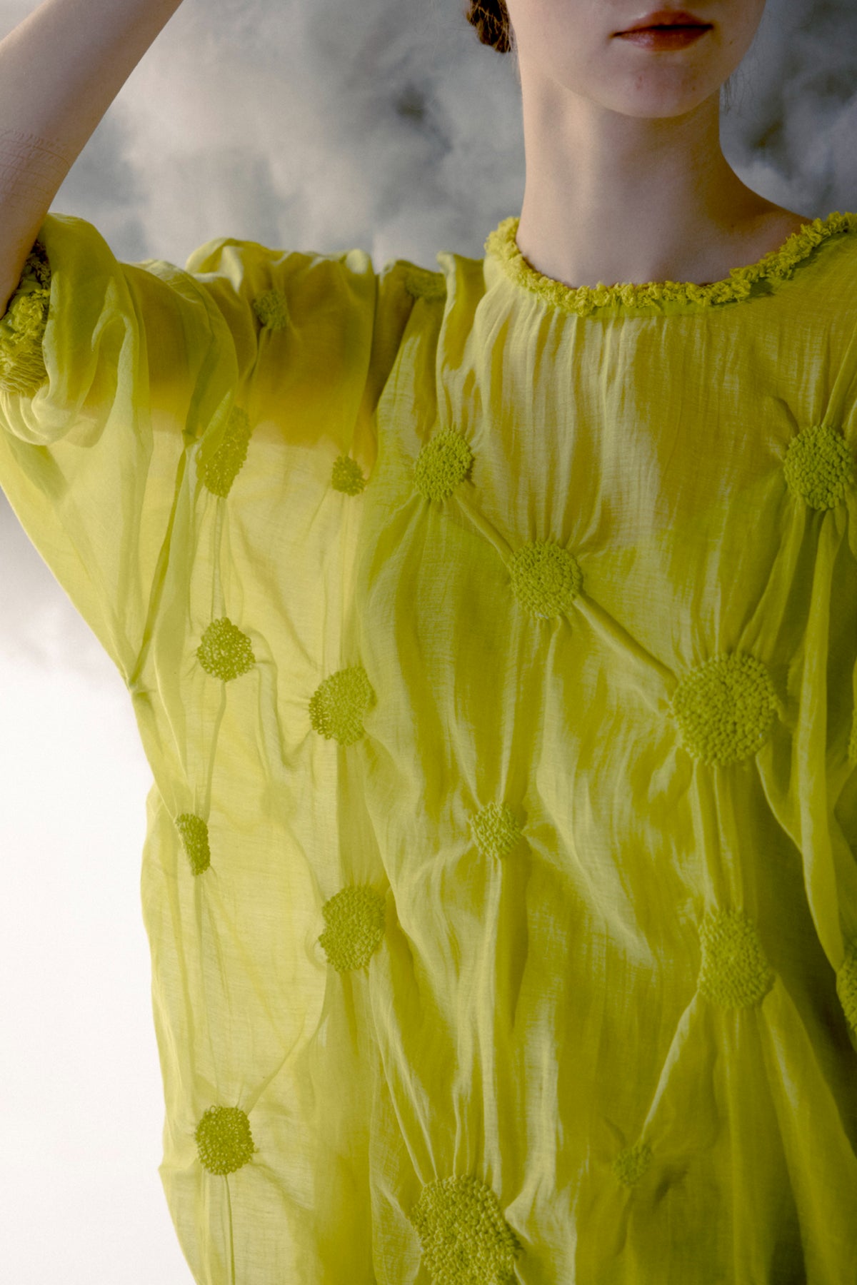 Neon yellow circle smocked dress