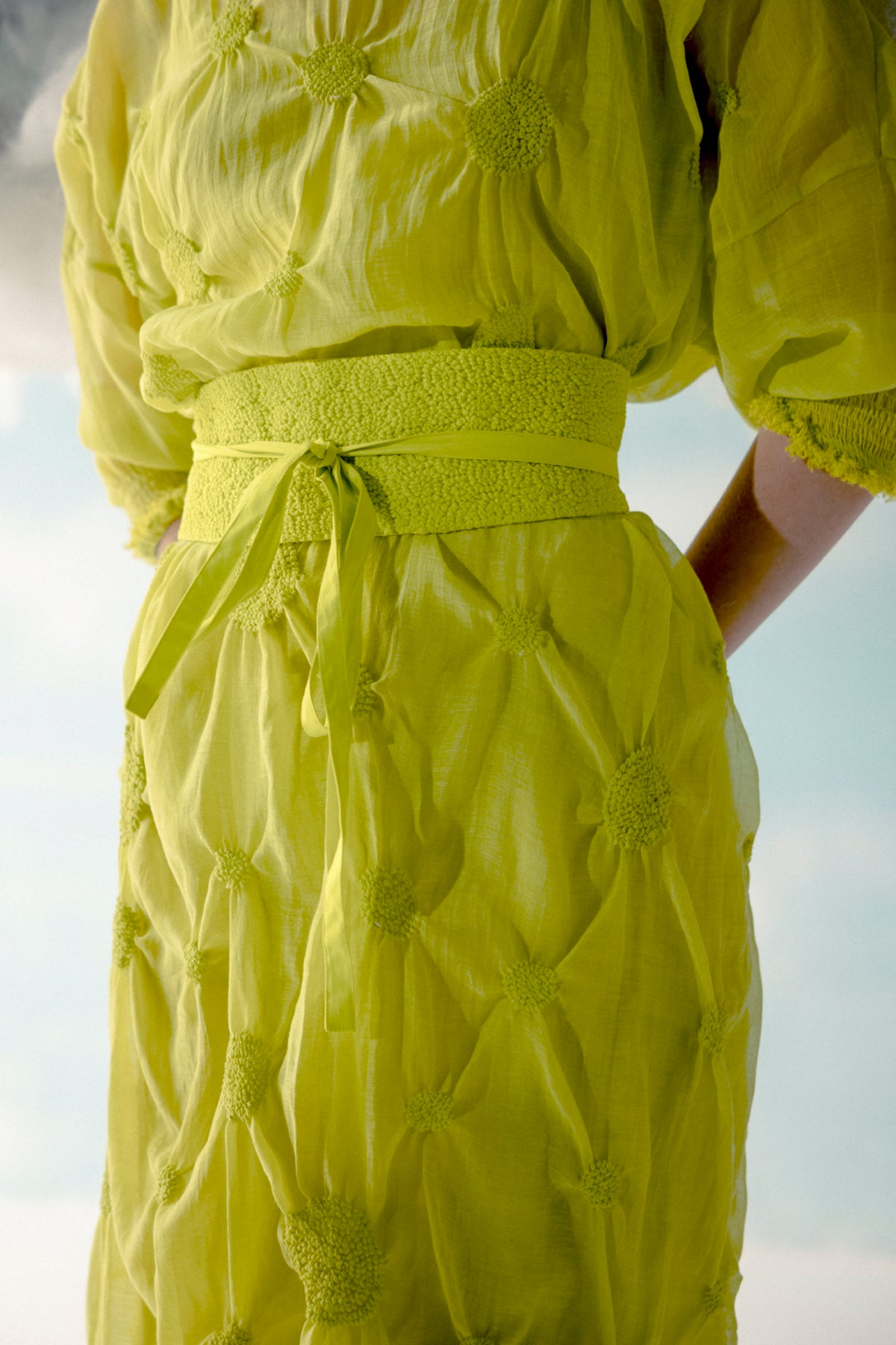 Neon yellow smocked obi belt