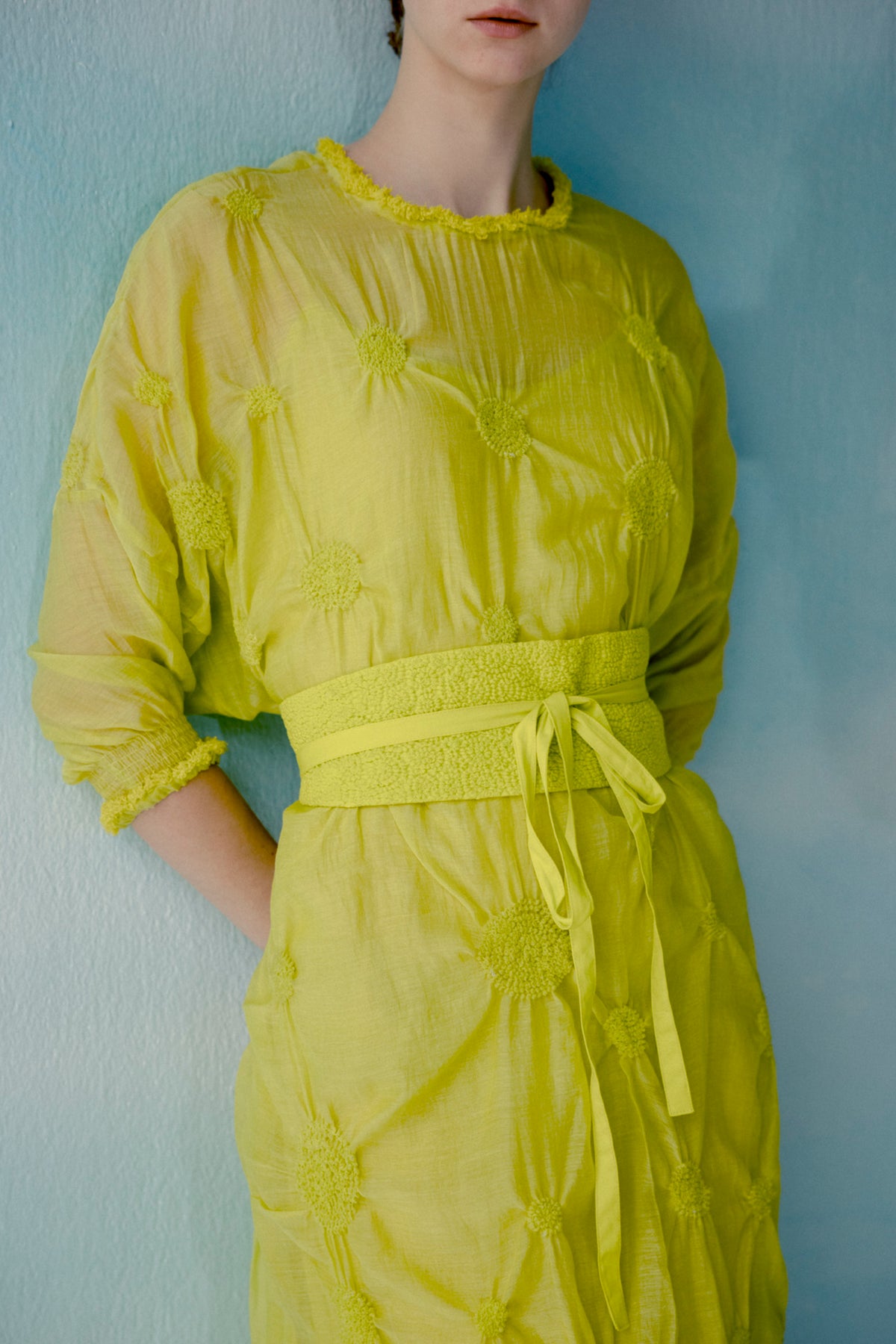 Neon yellow smocked obi belt