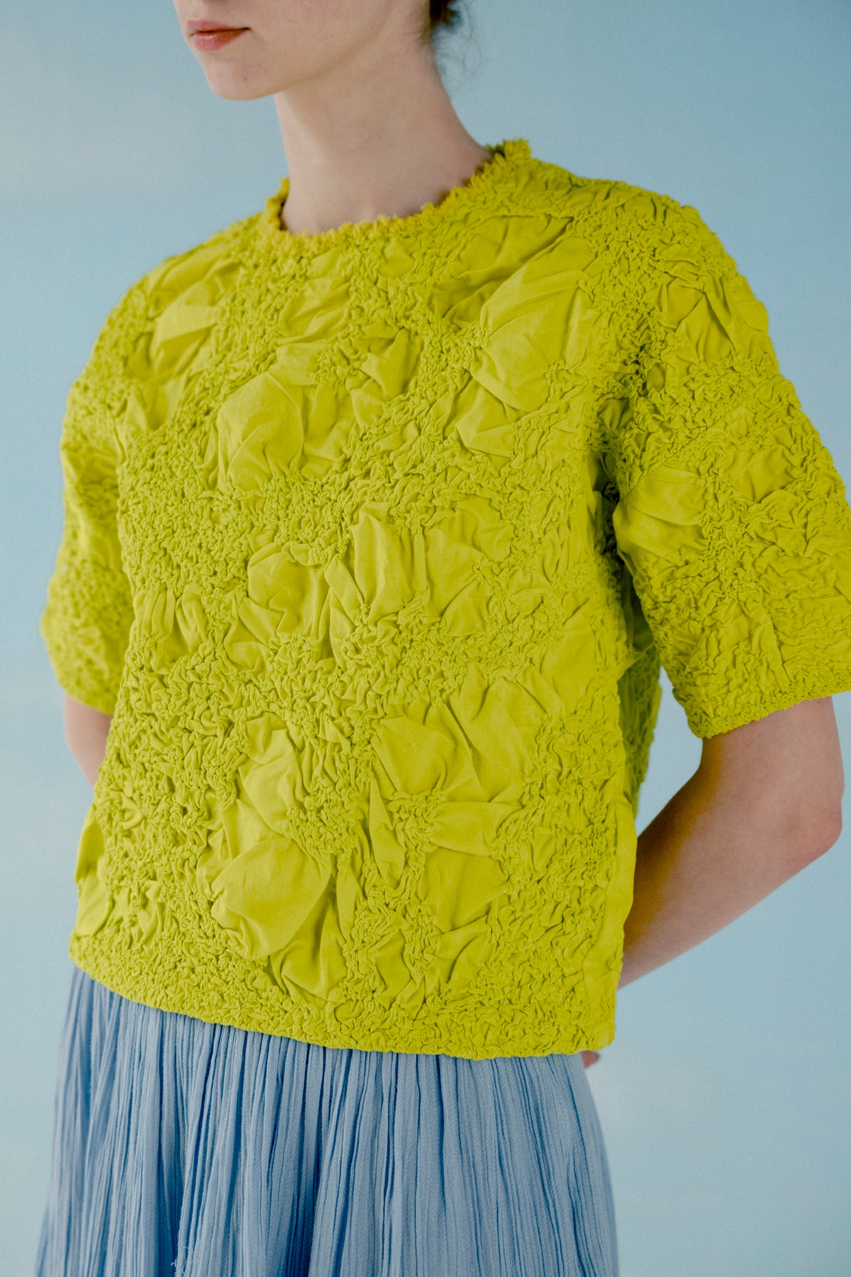 Neon yellow smocked woven t-shirt