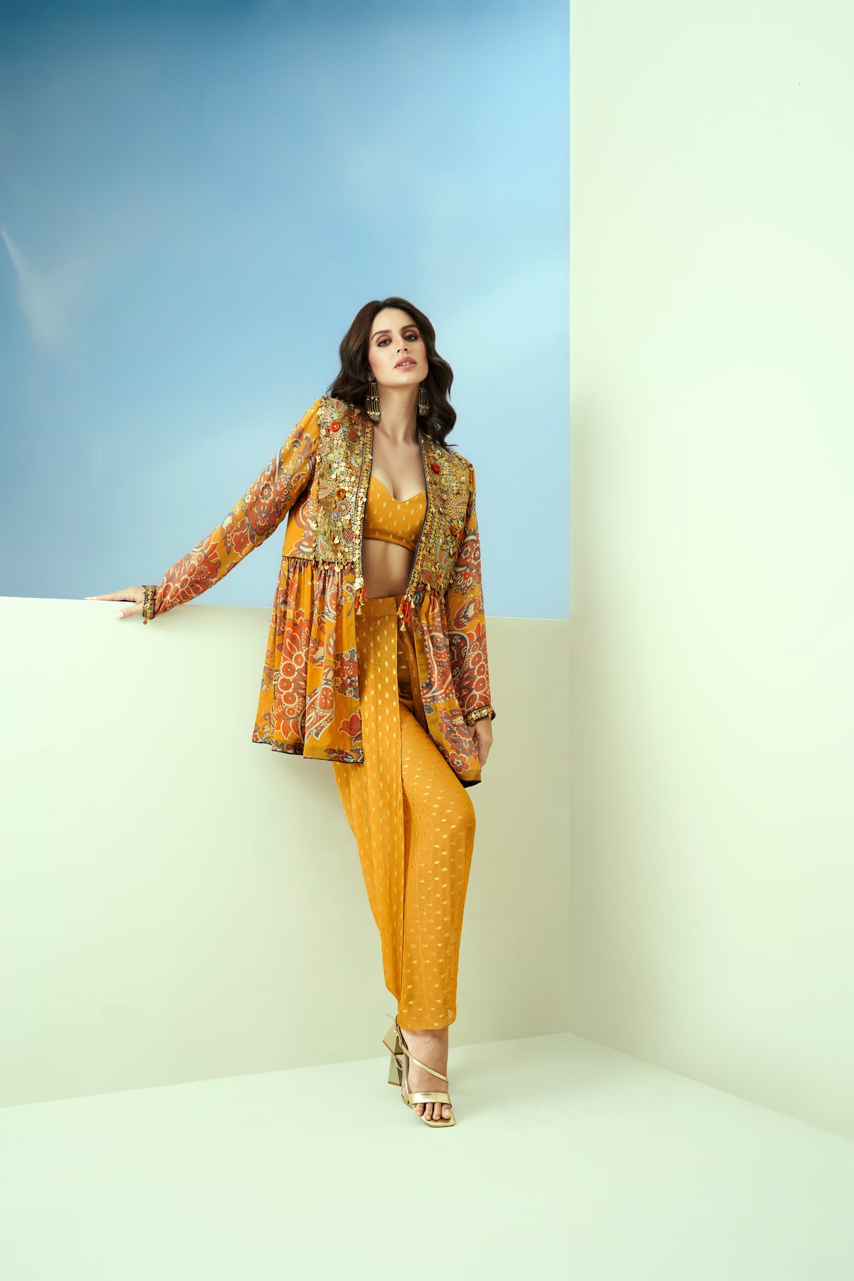 Yellow Printed Jacket Set