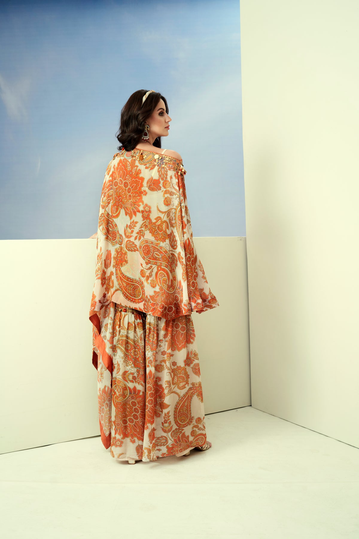 Off White Highlow Shoulder Sharara Set